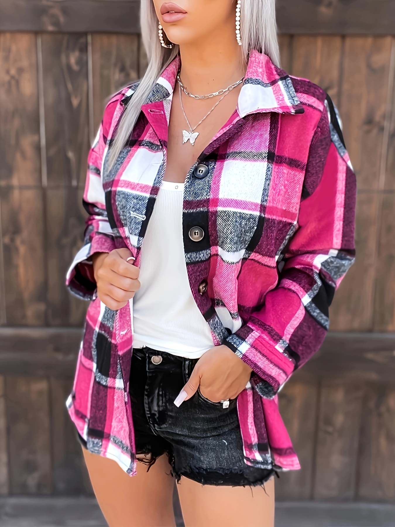 plaid print   collar button shirt casual long sleeve shirt for spring fall womens clothing details 1