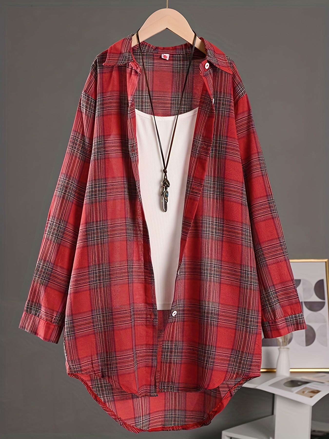 plaid print   collar shirt casual long sleeve shirt for spring fall womens clothing details 6