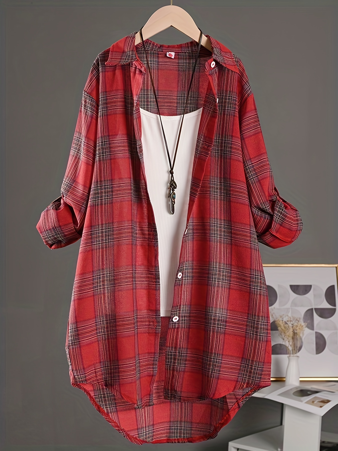 plaid print   collar shirt casual long sleeve shirt for spring fall womens clothing details 7