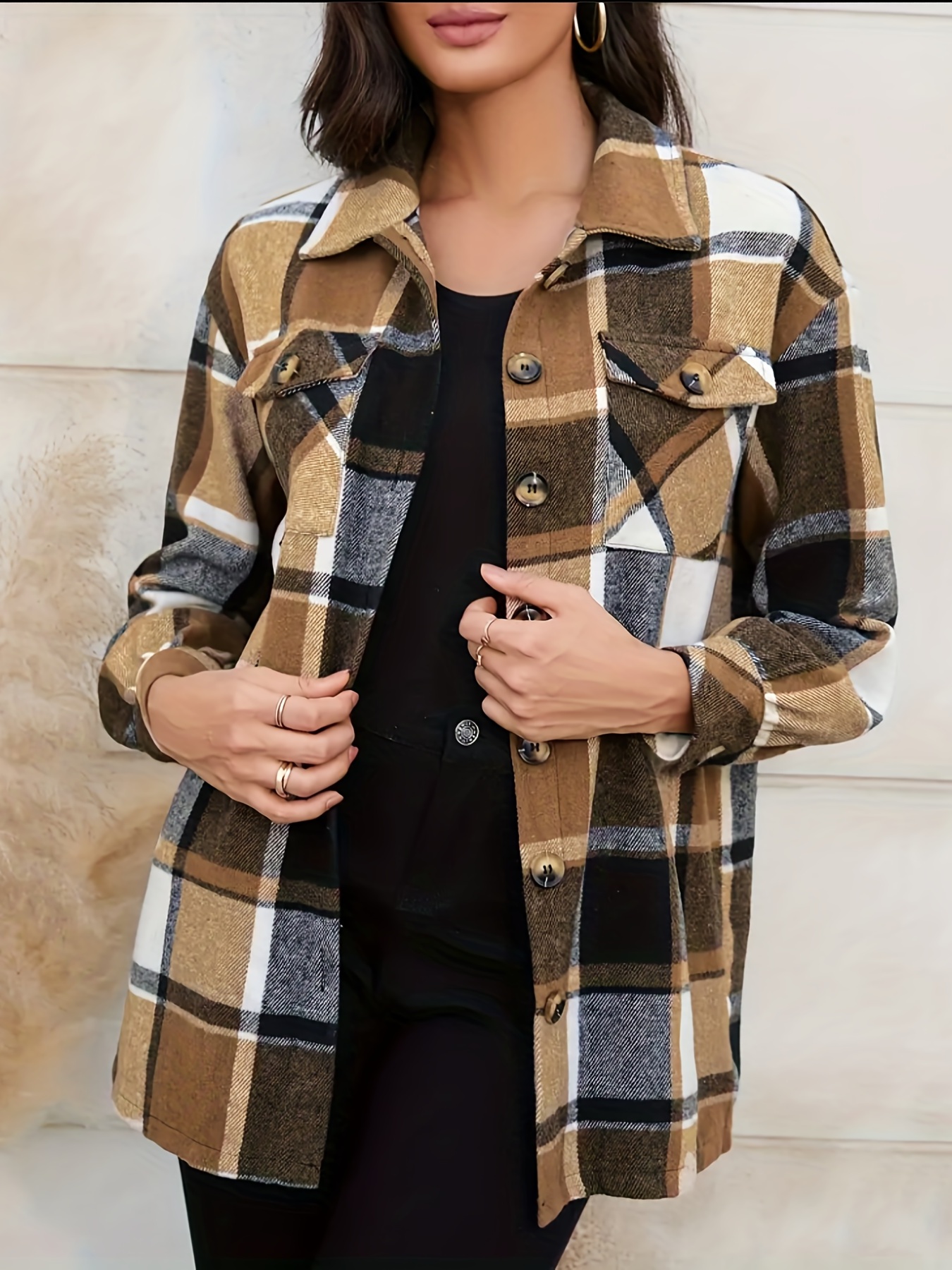 plaid pattern button front shirt casual lapel long sleeve shirt womens clothing details 1