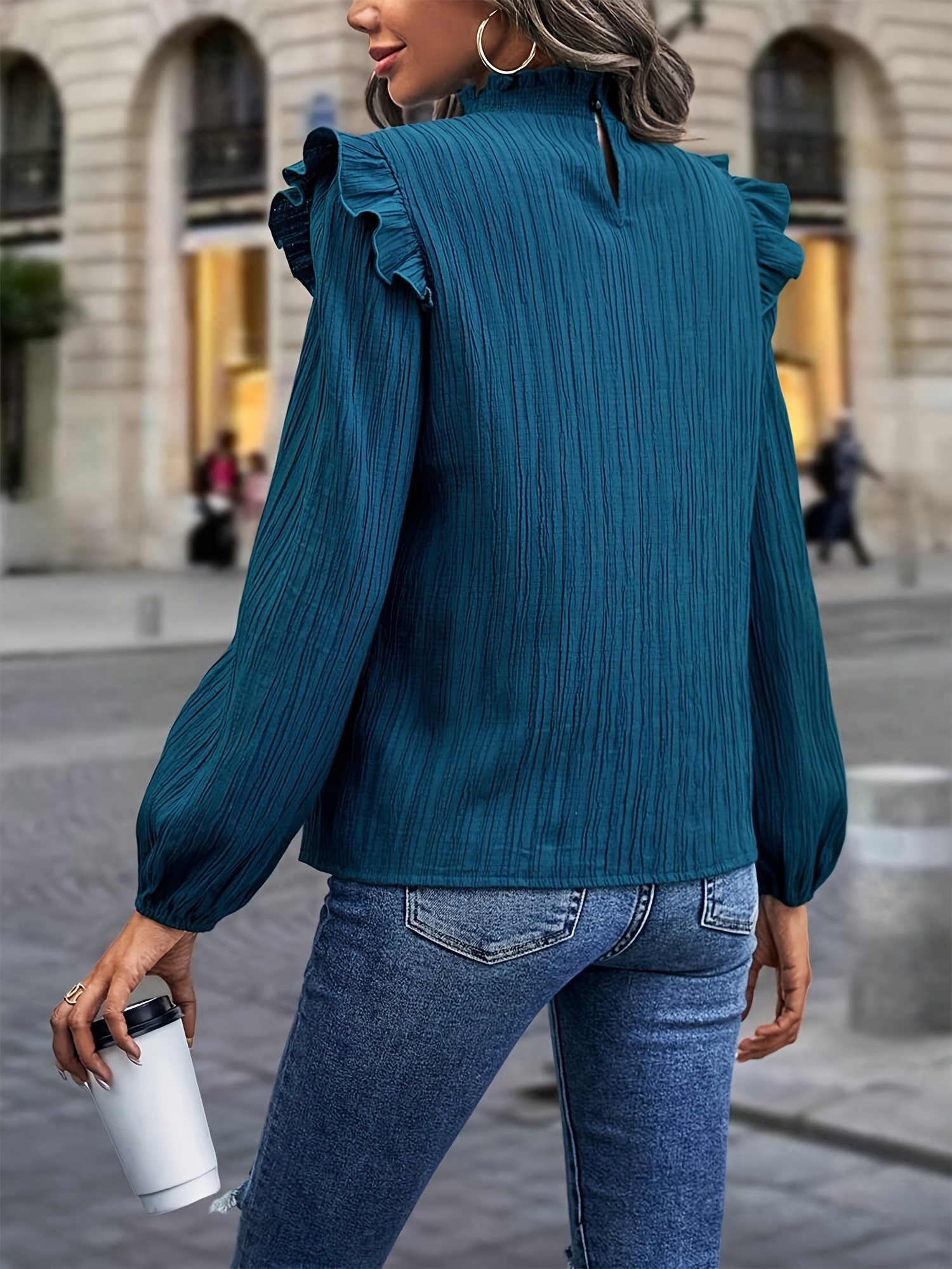 Solid Color Crew Neck Blouse, Casual Long Sleeve Ruffle Trim Blouse For Spring & Fall, Women s Clothing details 2