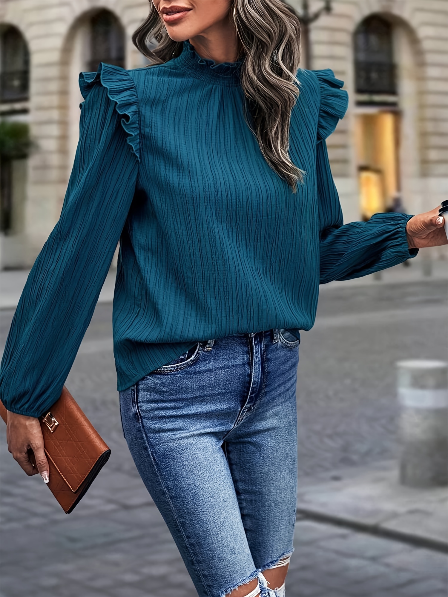 Solid Color Crew Neck Blouse, Casual Long Sleeve Ruffle Trim Blouse For Spring & Fall, Women s Clothing details 3