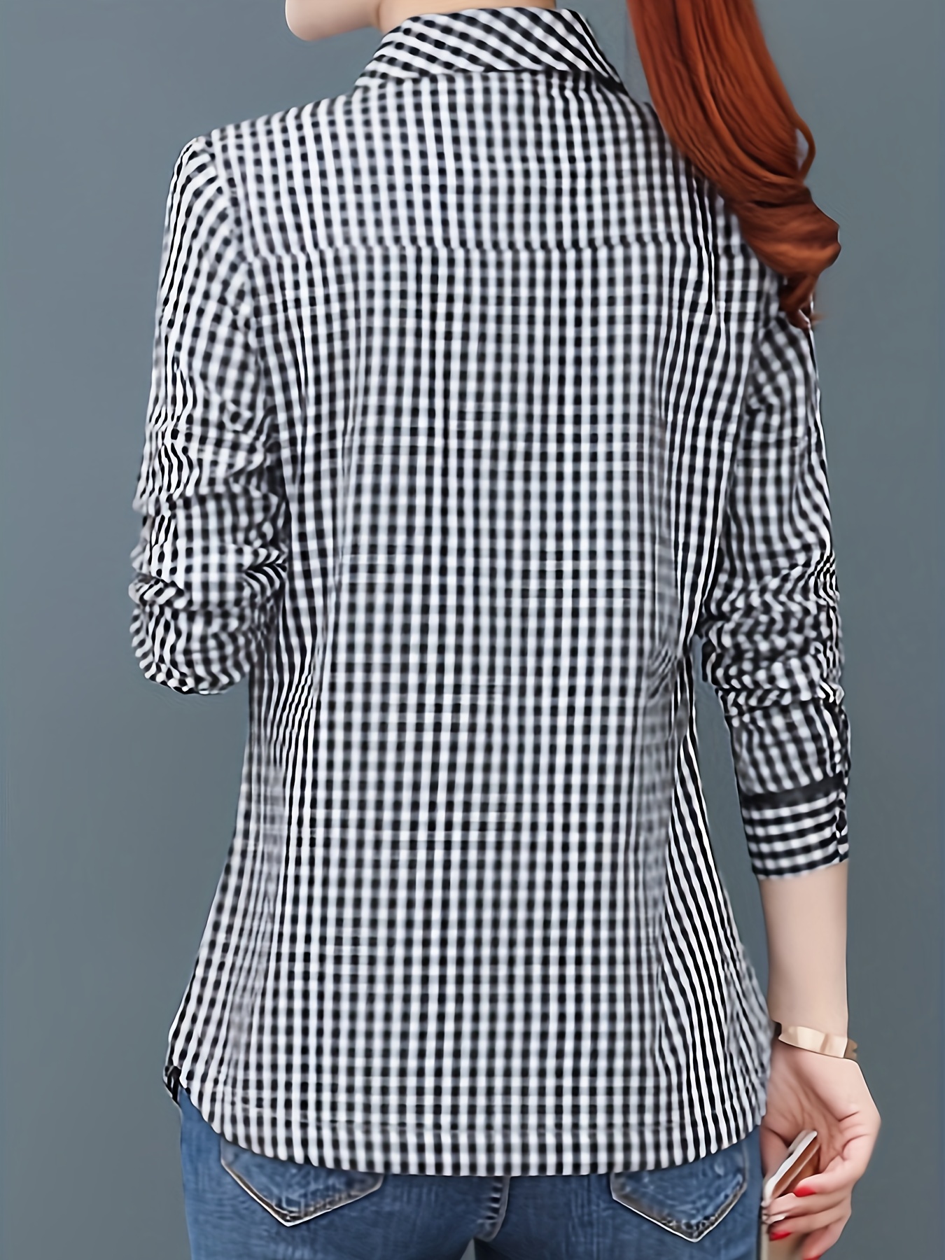 plaid print button front blouse casual long sleeve blouse for spring fall womens clothing details 1