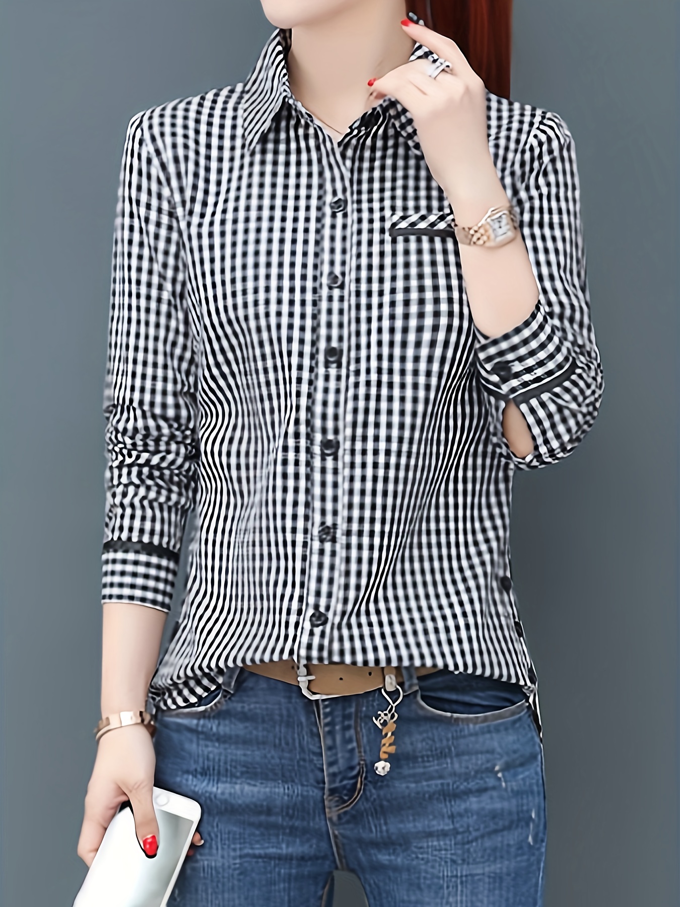 plaid print button front blouse casual long sleeve blouse for spring fall womens clothing details 2