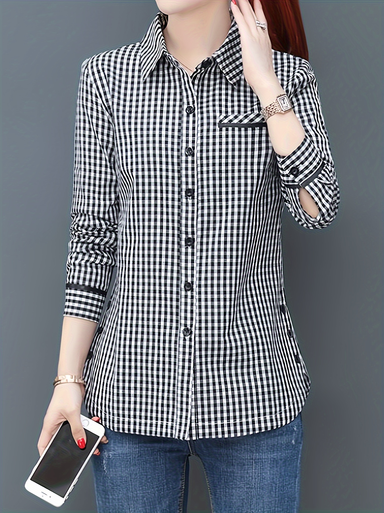 plaid print button front blouse casual long sleeve blouse for spring fall womens clothing details 3