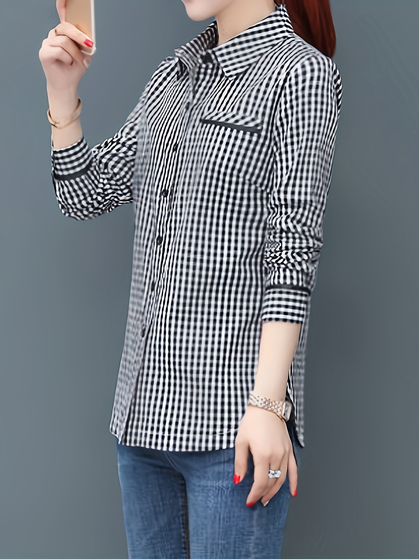 plaid print button front blouse casual long sleeve blouse for spring fall womens clothing details 4