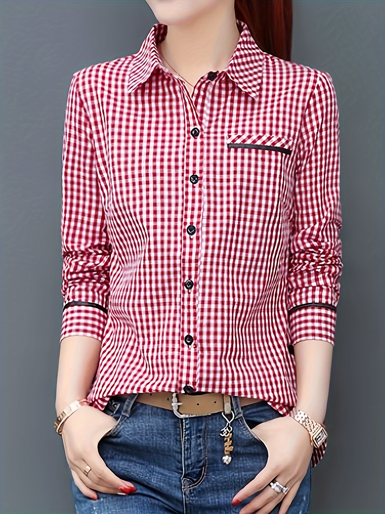 plaid print button front blouse casual long sleeve blouse for spring fall womens clothing details 5