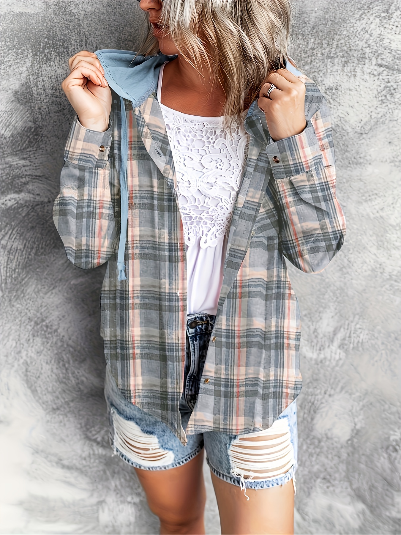 plaid drawstring hooded jacket casual long sleeve jacket for spring fall womens clothing details 2