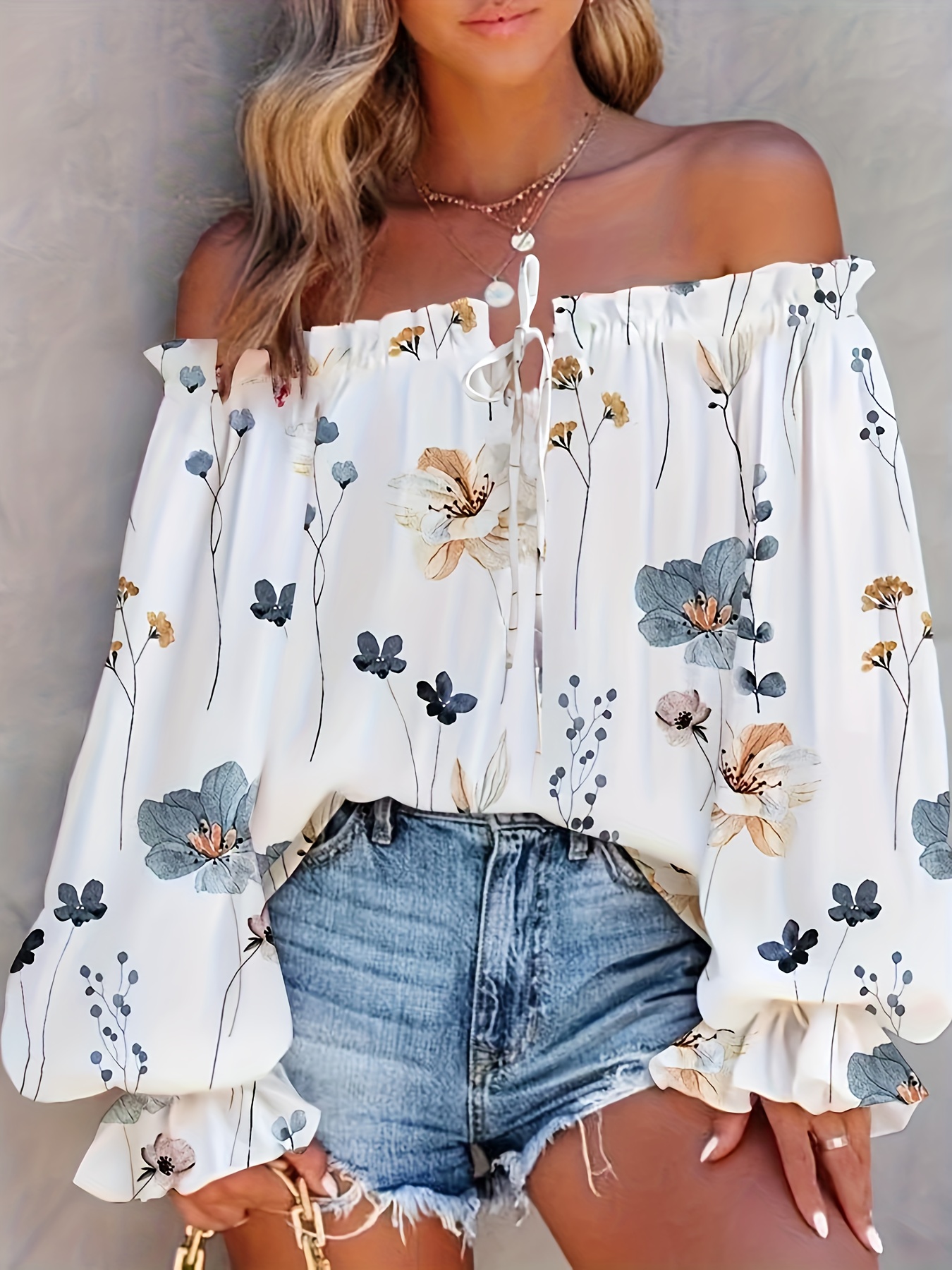 off shoulder floral print tube top casual lantern sleeve ruffle trim tube top for spring summer womens clothing details 4