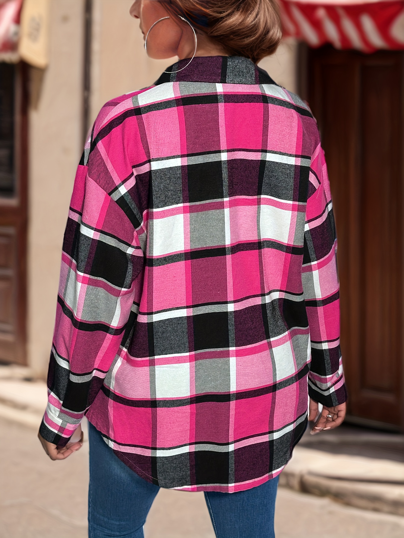 plaid print drop shoulder shirt versatile long sleeve shirt for spring fall womens clothing details 2