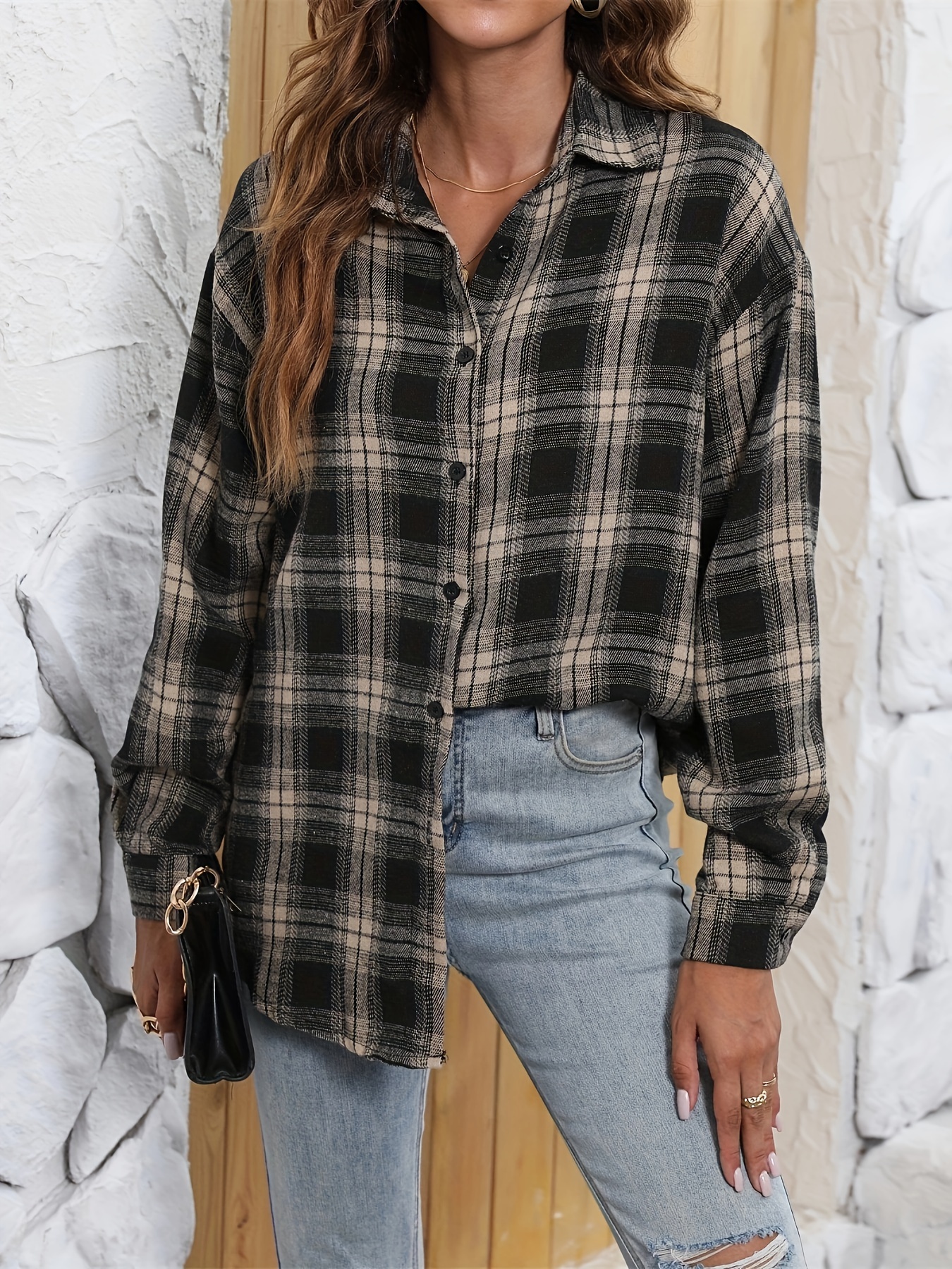 elegant check print v neck blouses casual plaid drop shoulder button long sleeve fashion loose tops womens clothing details 4