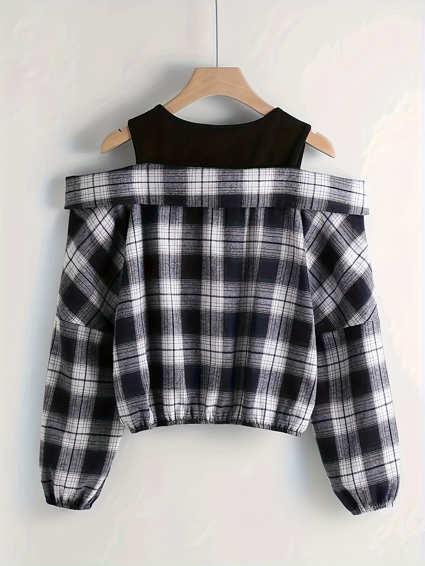 plaid print cold shoulder blouse casual long sleeve quarter zip top for spring fall womens clothing details 0