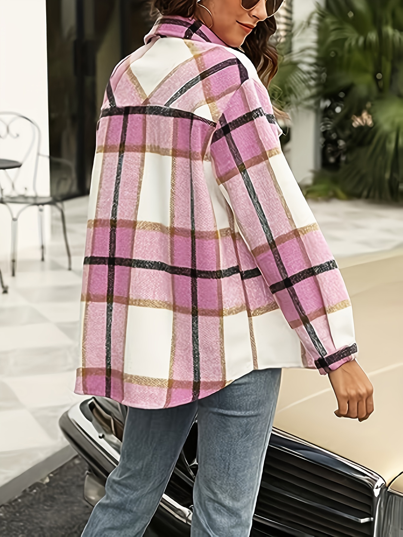 plaid print flap pockets jacket versatile long sleeve outwear for spring fall womens clothing details 0