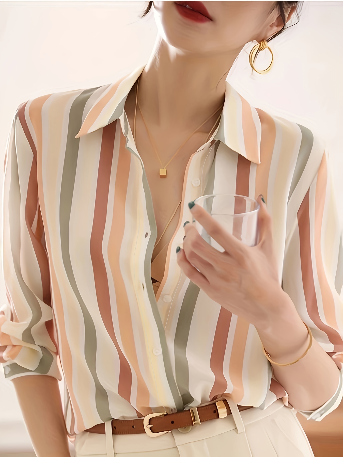 striped print button front shirt casual long sleeve shirt for spring fall womens clothing details 0