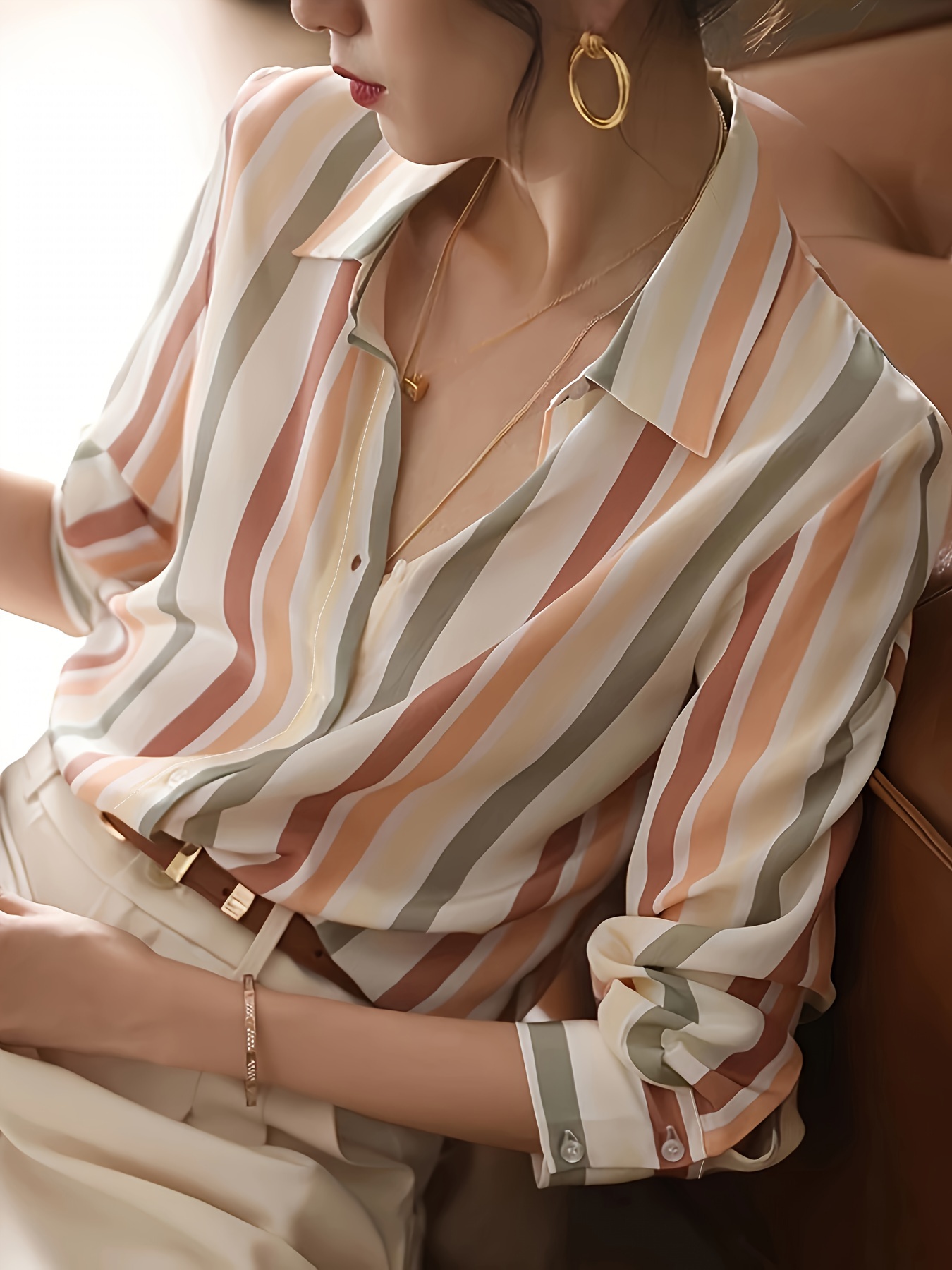 striped print button front shirt casual long sleeve shirt for spring fall womens clothing details 1