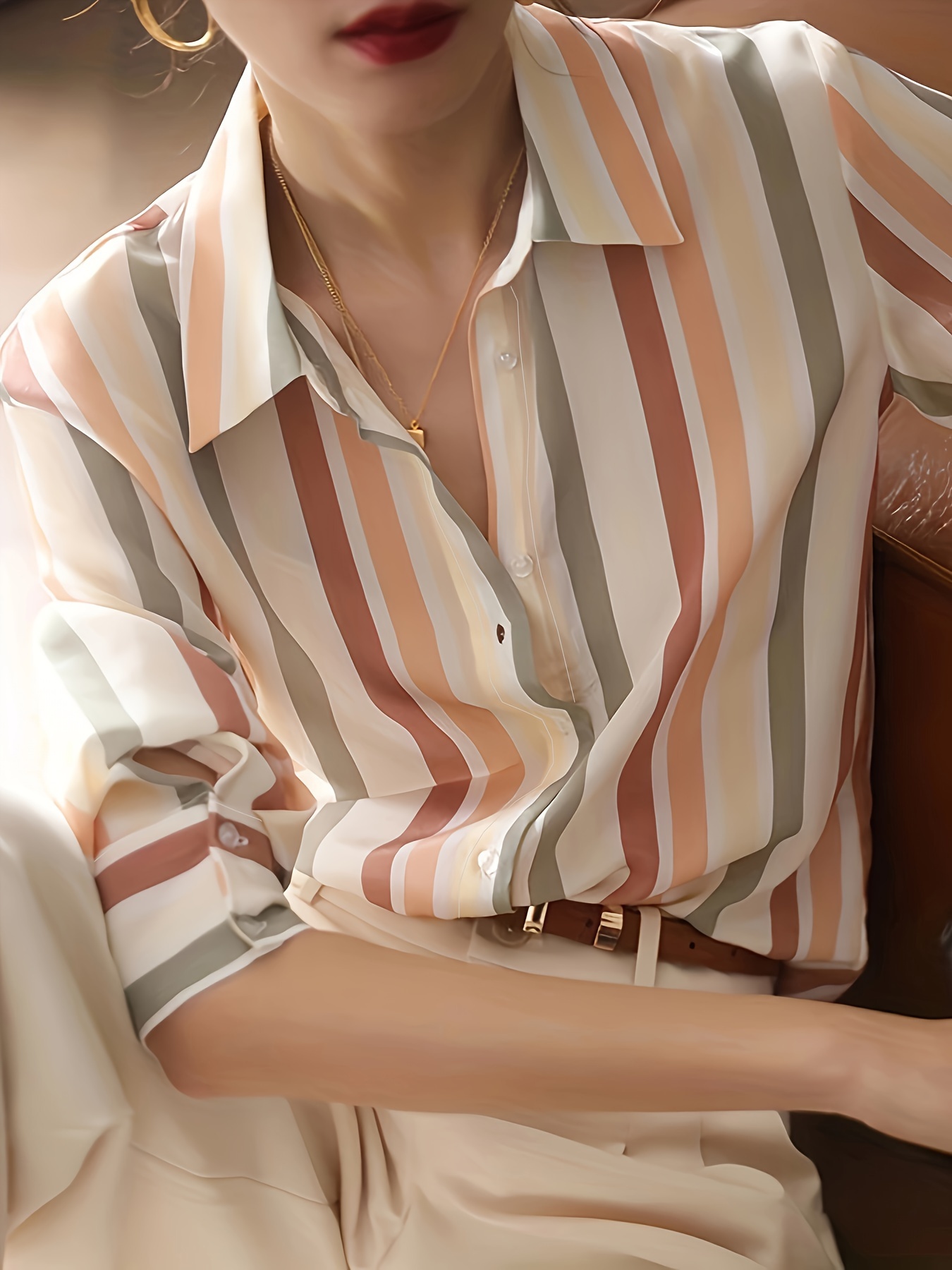 striped print button front shirt casual long sleeve shirt for spring fall womens clothing details 3