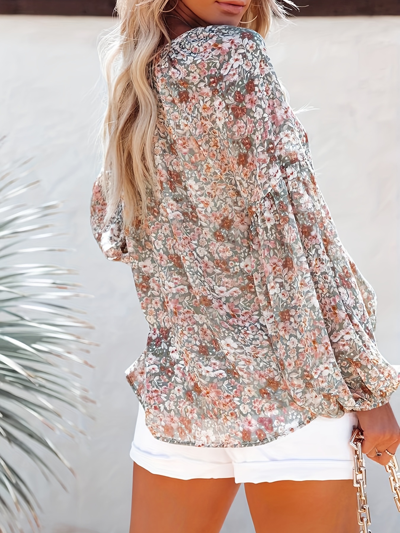 floral print v neck blouse casual long sleeve blouse for spring summer womens clothing details 0