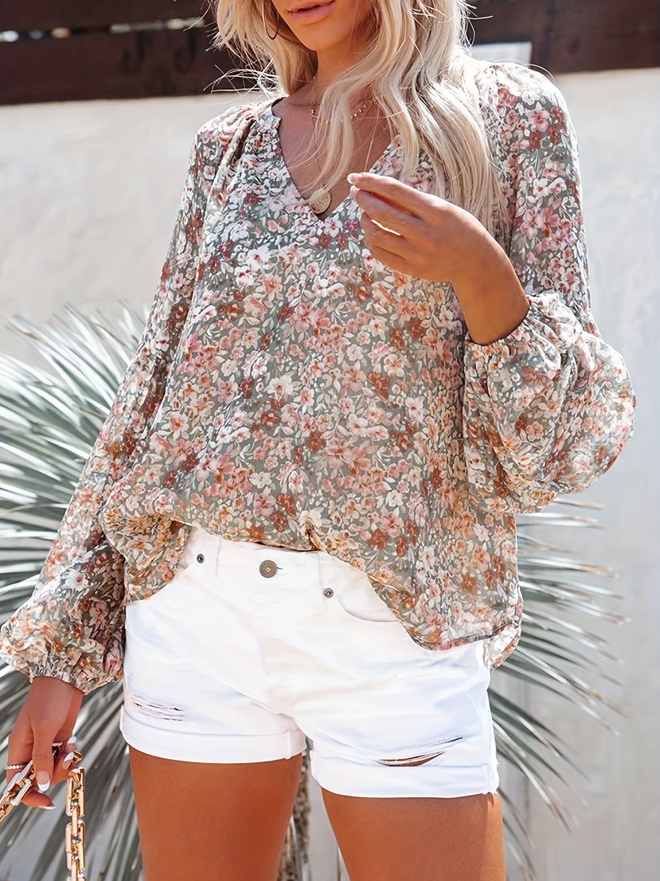 floral print v neck blouse casual long sleeve blouse for spring summer womens clothing details 2