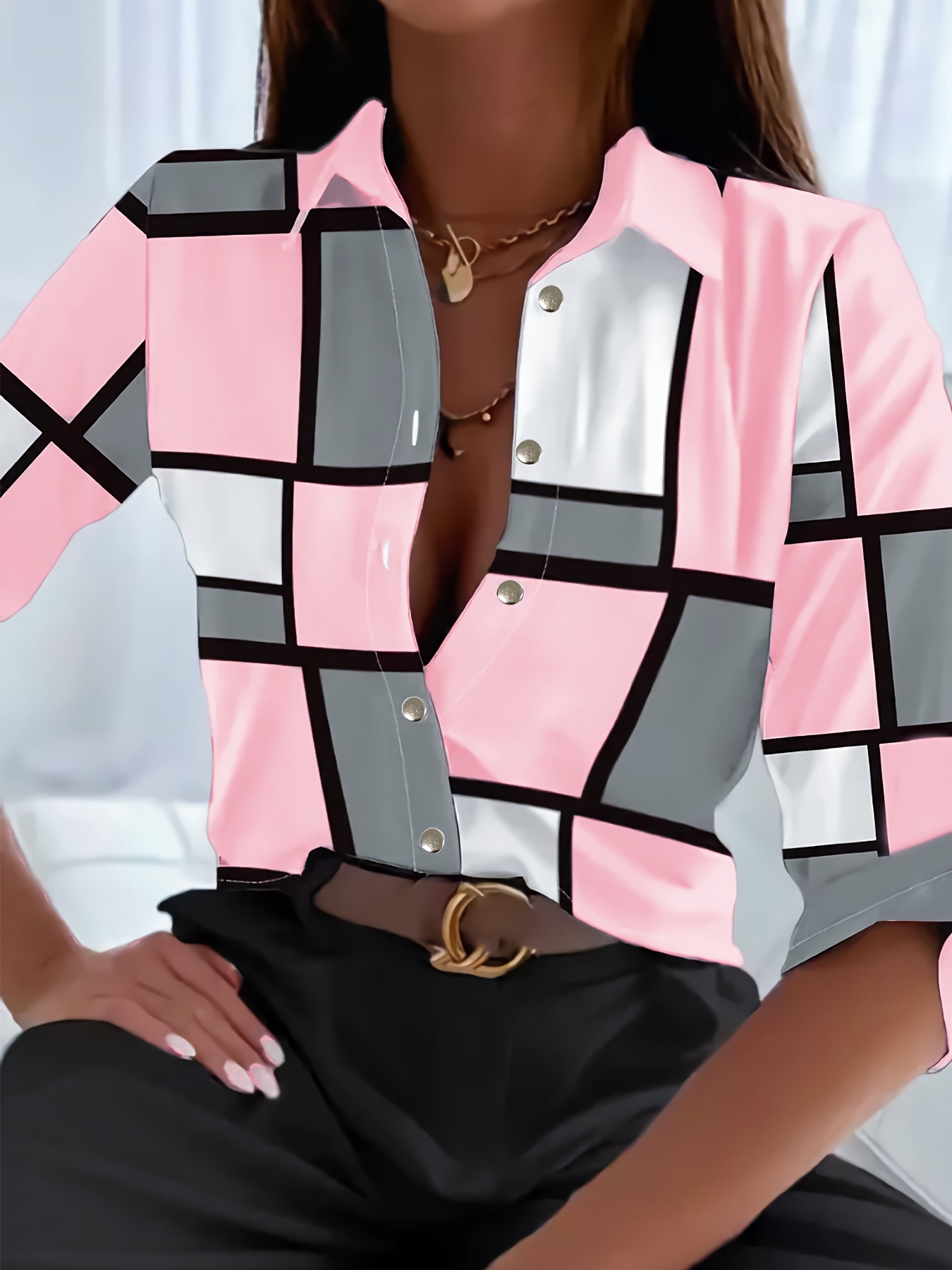   print button front shirt casual long sleeve lapel collar shirt womens clothing details 1