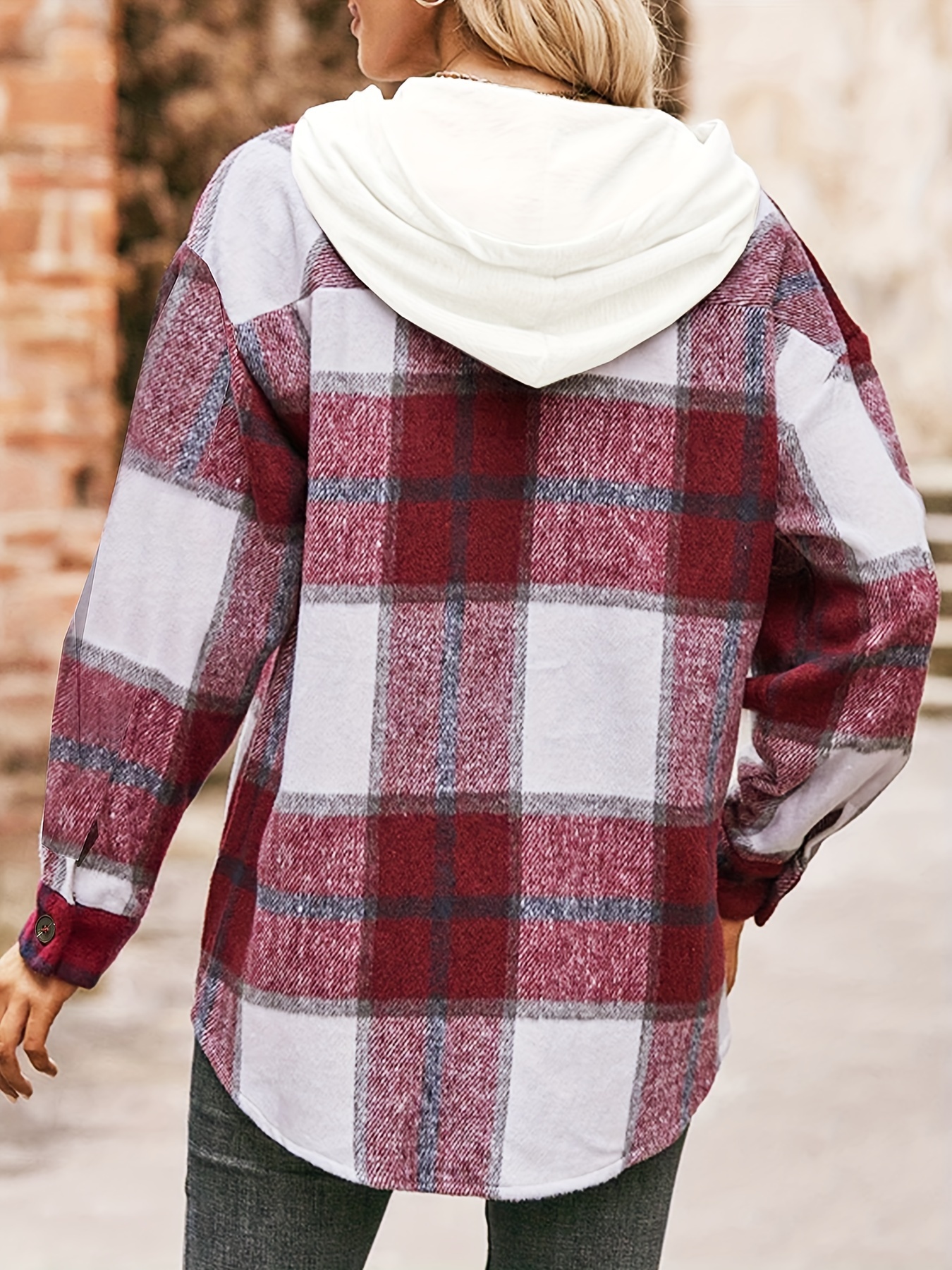 plaid pattern button front shirt casual long sleeve hooded outwear for spring fall womens clothing details 2