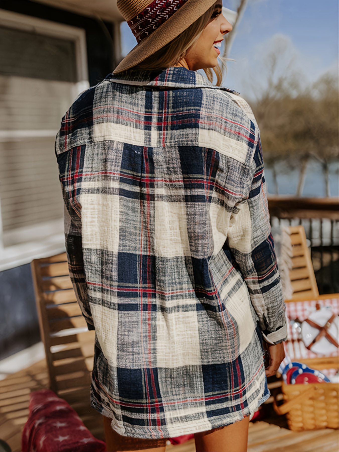 long sleeve plaid high contrast loose blouse casual button down night out collared party club blouse womens clothing details 0