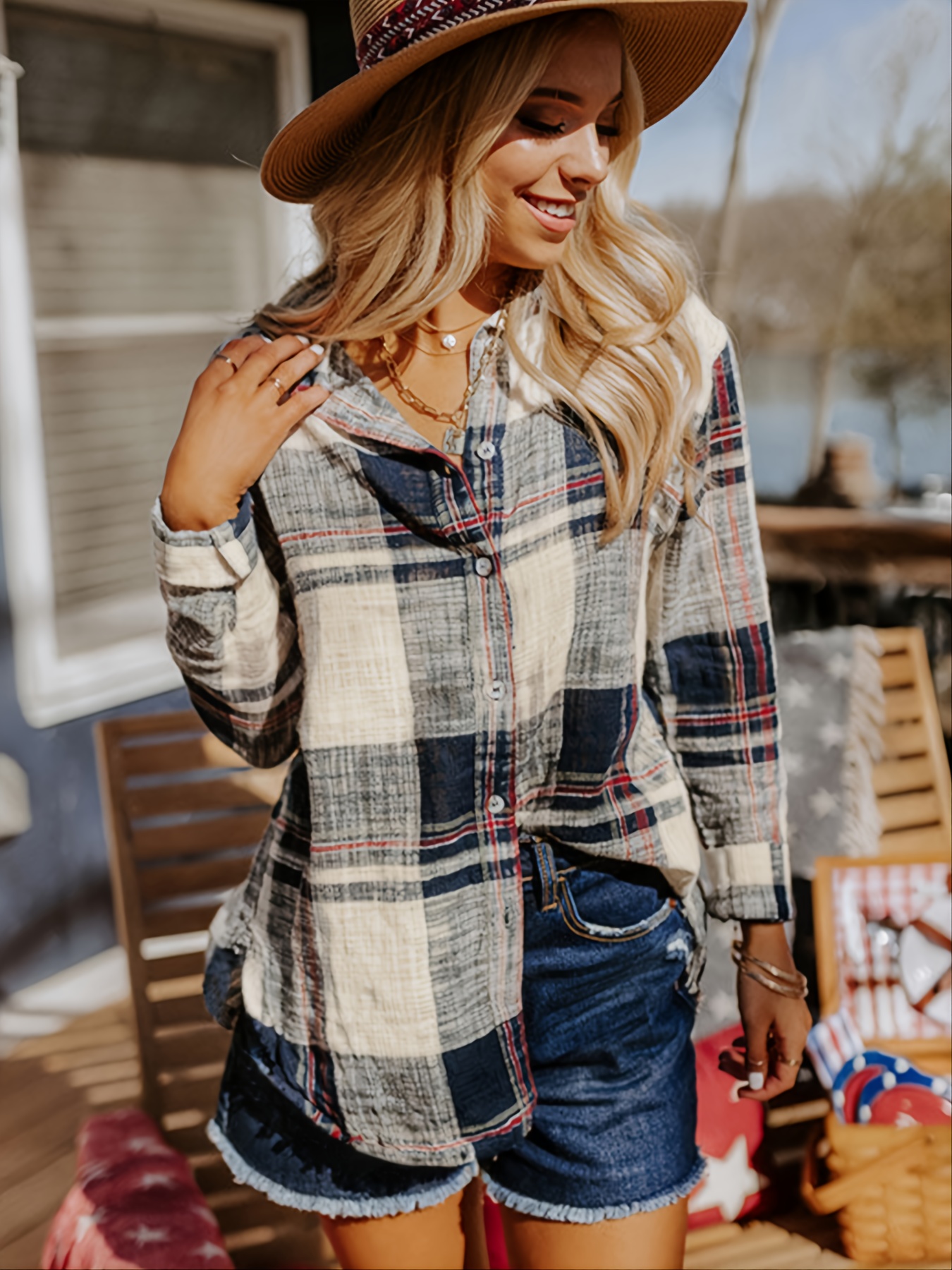 long sleeve plaid high contrast loose blouse casual button down night out collared party club blouse womens clothing details 4