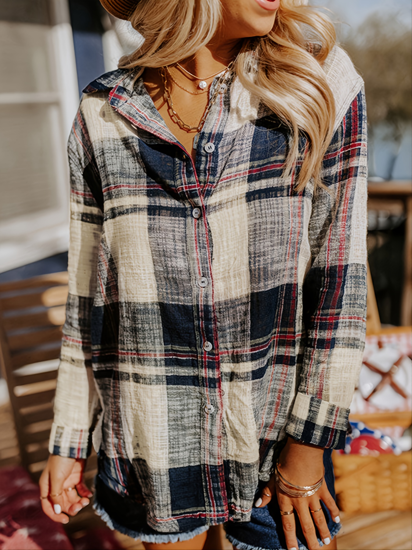 long sleeve plaid high contrast loose blouse casual button down night out collared party club blouse womens clothing details 5