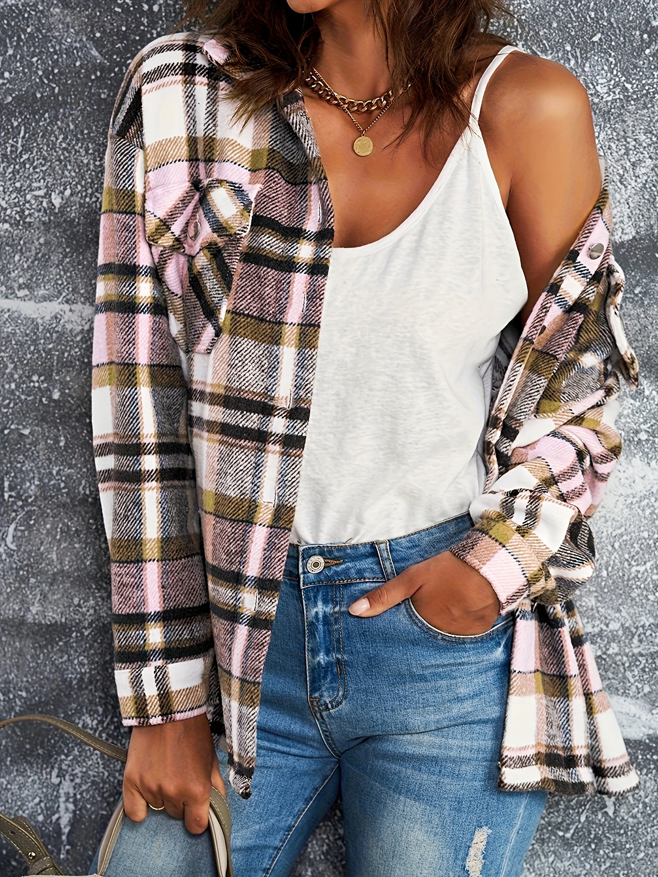 plaid print button front jacket long sleeve flap pockets jacket for fall spring womens clothing details 0