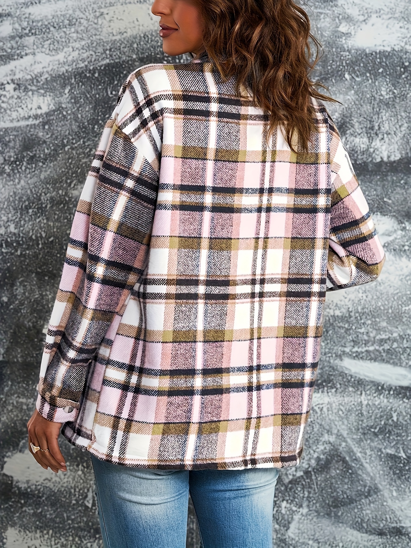 plaid print button front jacket long sleeve flap pockets jacket for fall spring womens clothing details 1