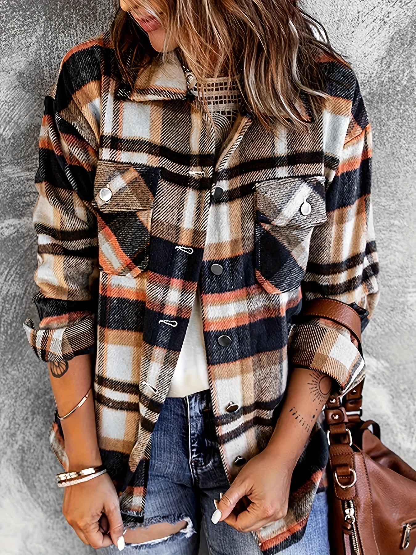 plaid print button front jacket long sleeve flap pockets jacket for fall spring womens clothing details 3