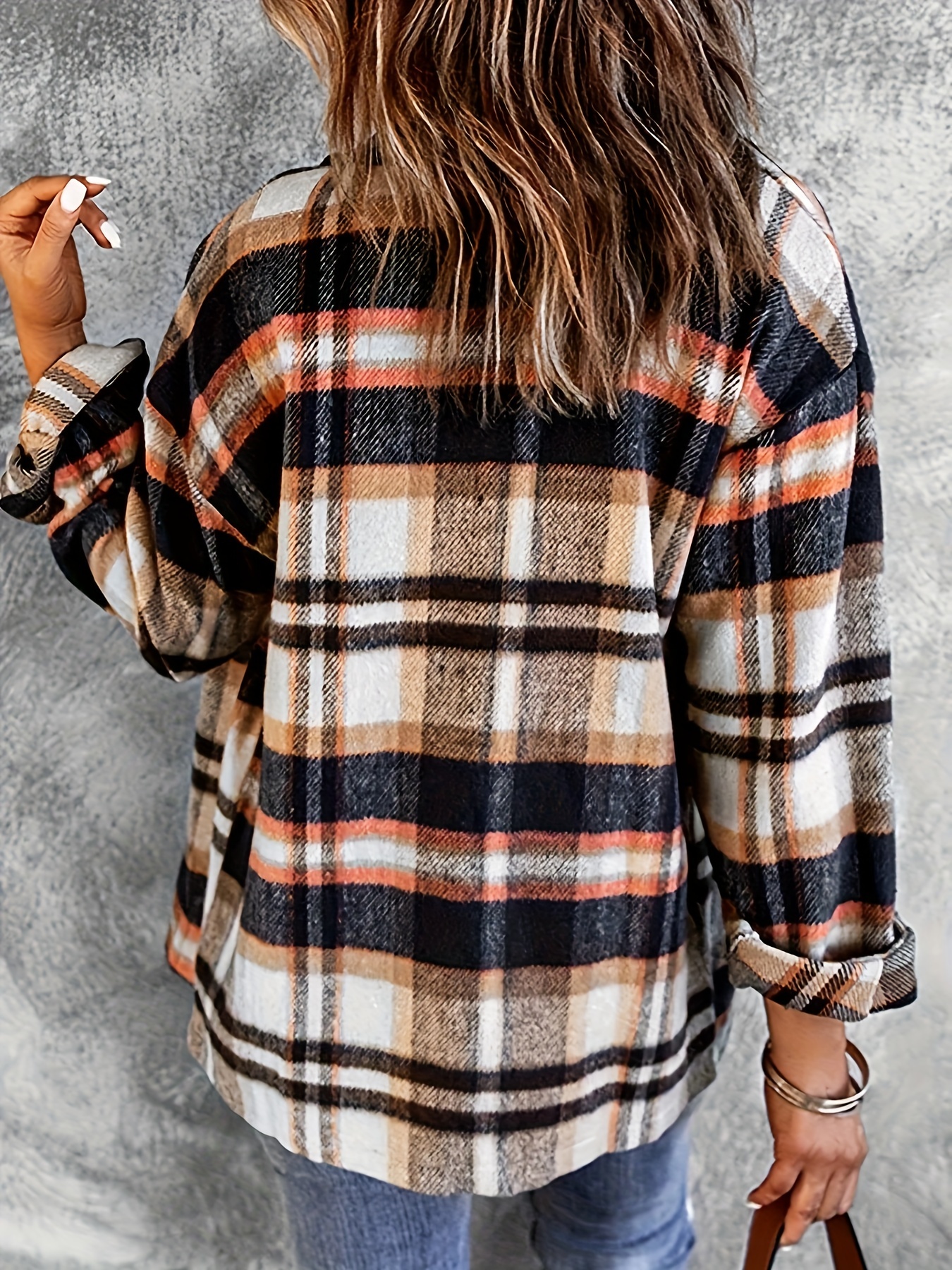 plaid print button front jacket long sleeve flap pockets jacket for fall spring womens clothing details 5