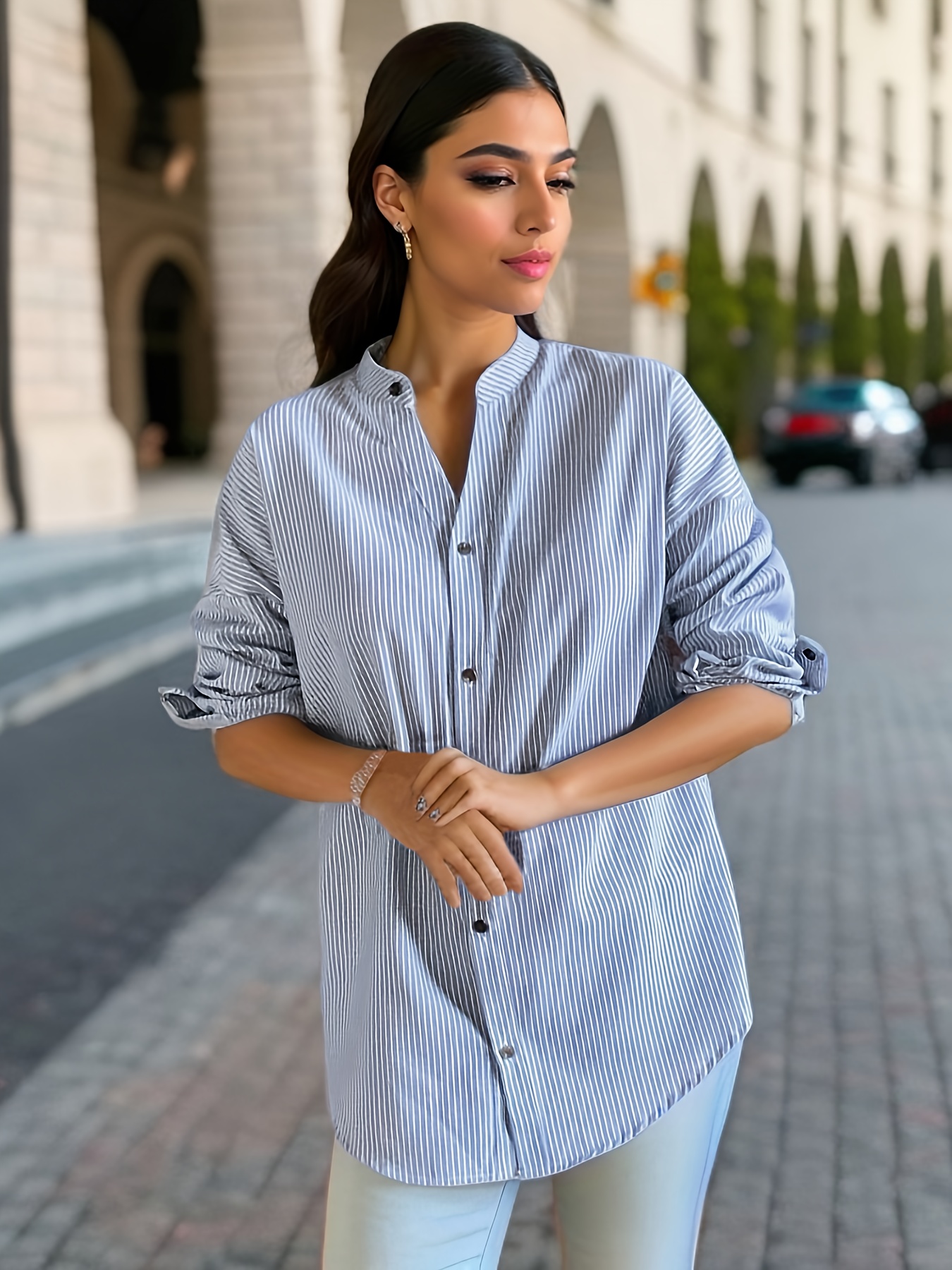 stripe print button front blouse casual long sleeve blouse for spring fall womens clothing details 2