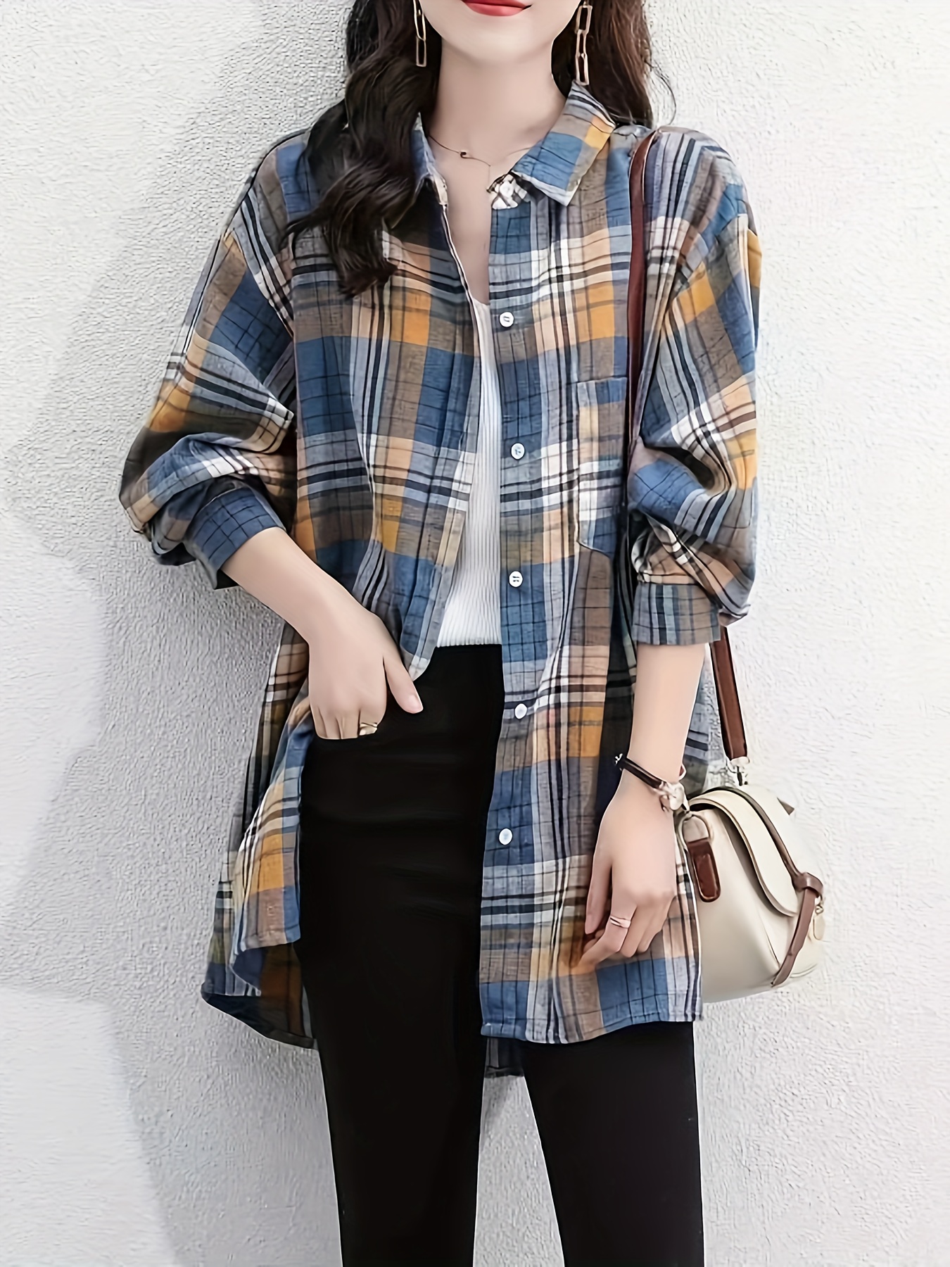 plaid print button front shirt elegant long sleeve lapel shirt womens clothing details 0