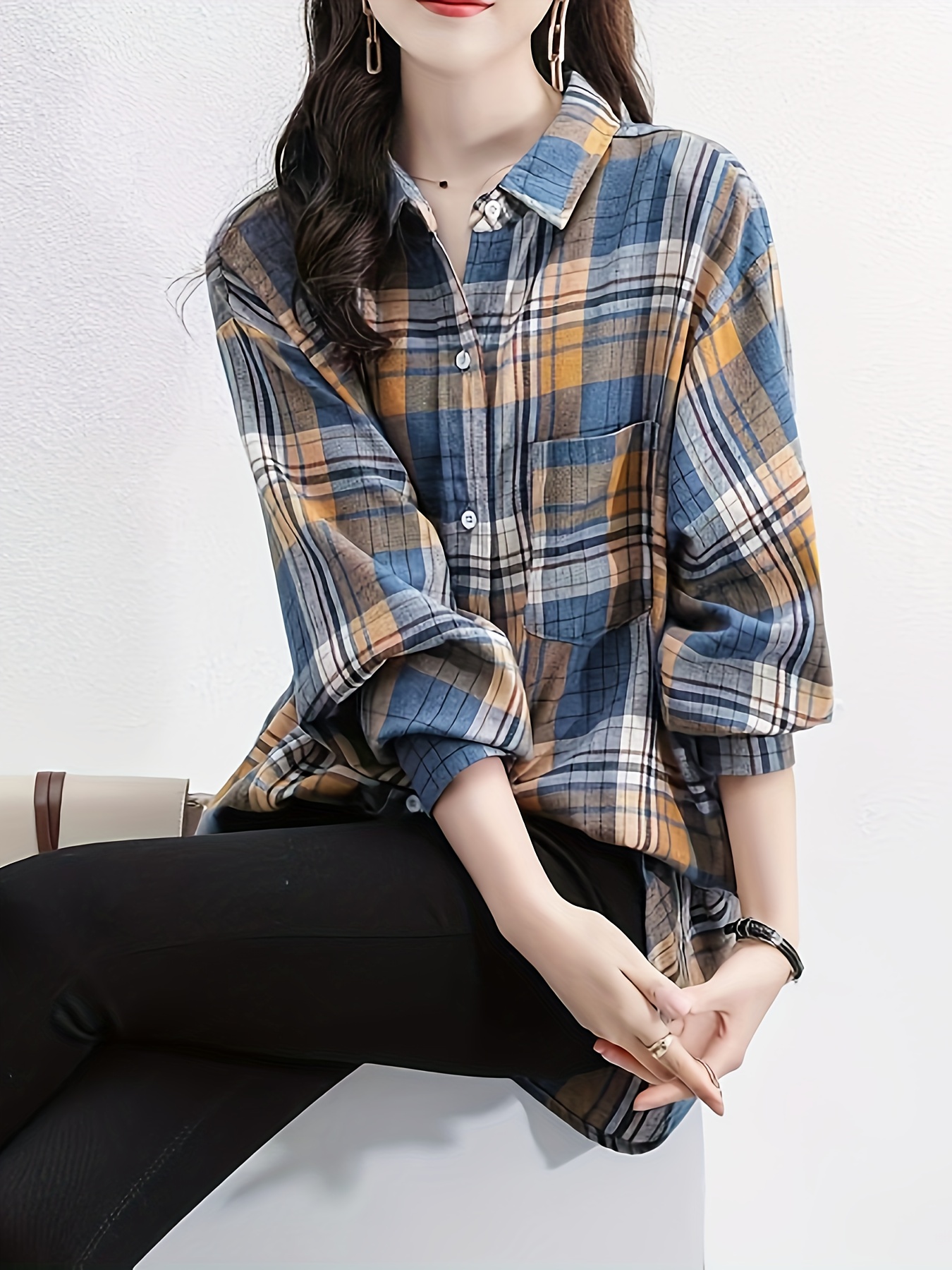 plaid print button front shirt elegant long sleeve lapel shirt womens clothing details 2