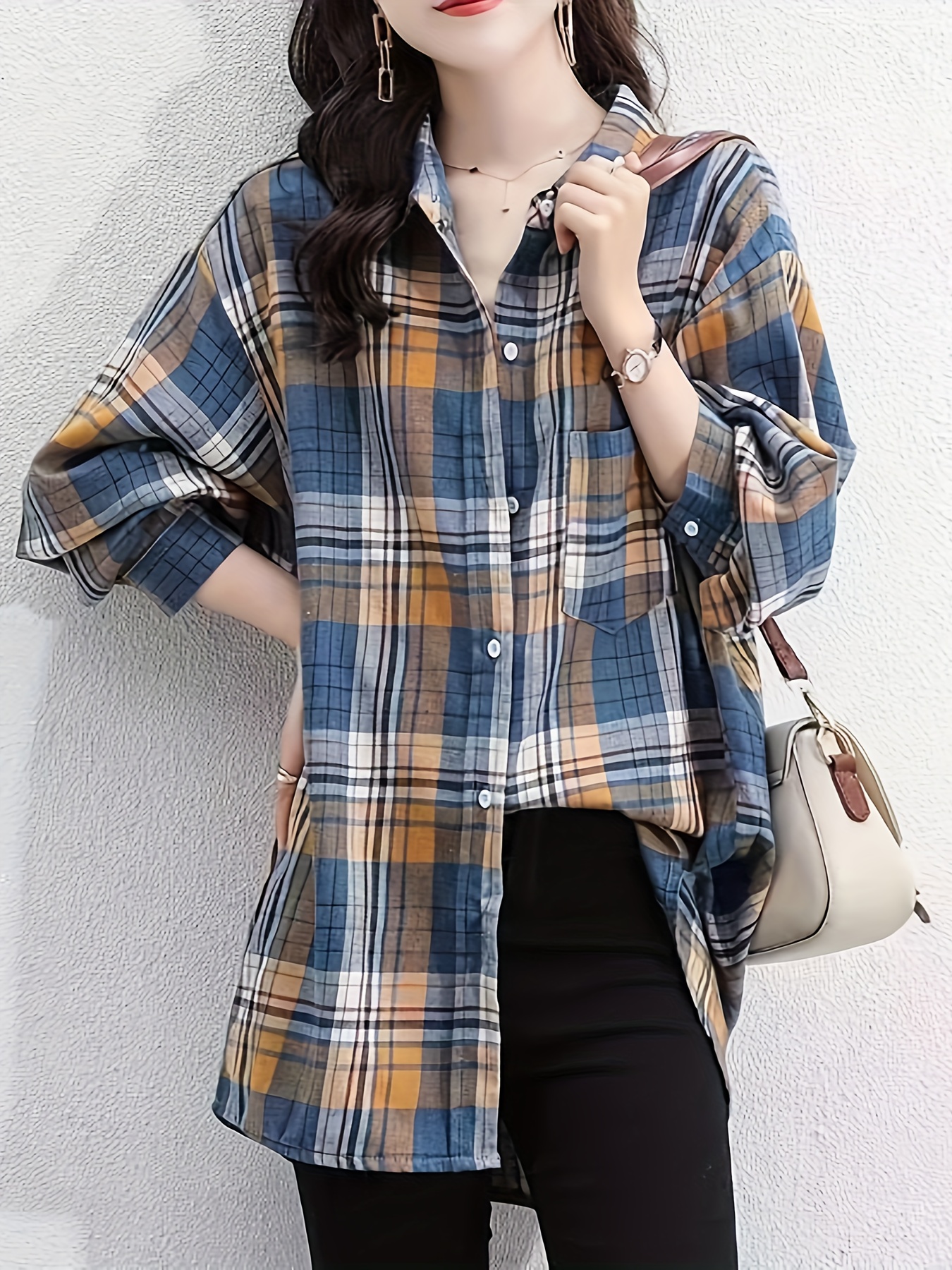 plaid print button front shirt elegant long sleeve lapel shirt womens clothing details 3