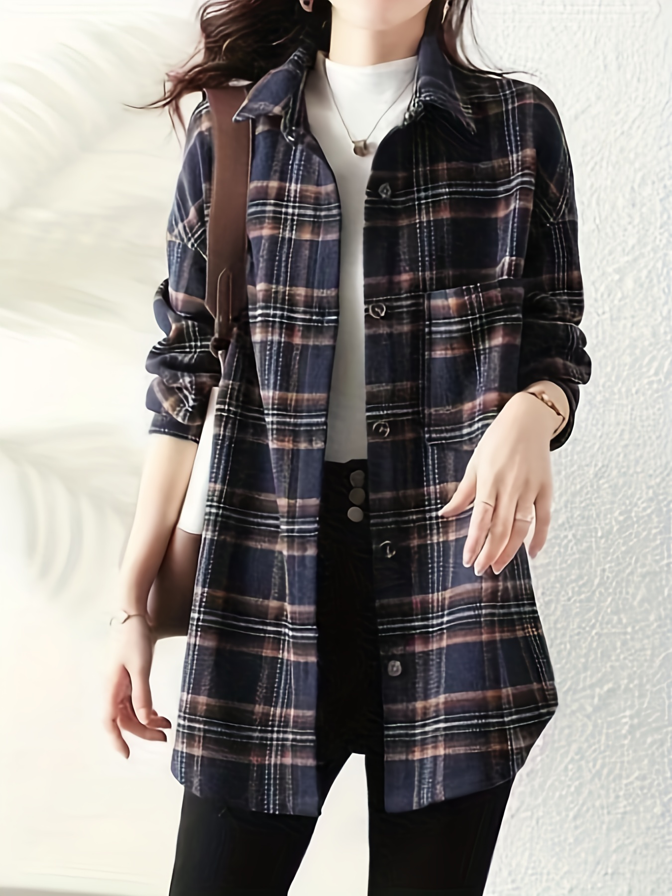 plaid print button front shirt elegant long sleeve lapel shirt womens clothing details 5