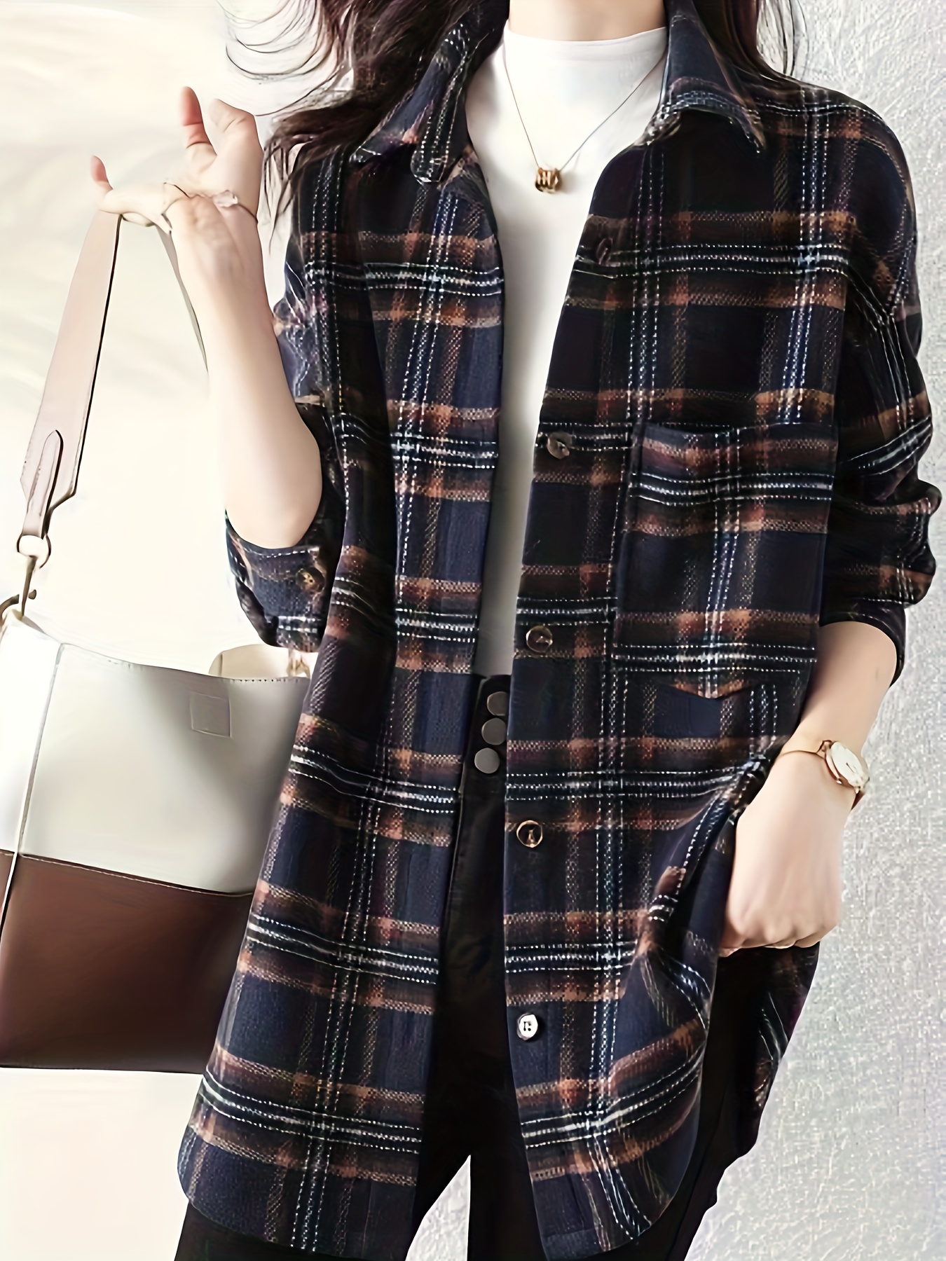 plaid print button front shirt elegant long sleeve lapel shirt womens clothing details 6