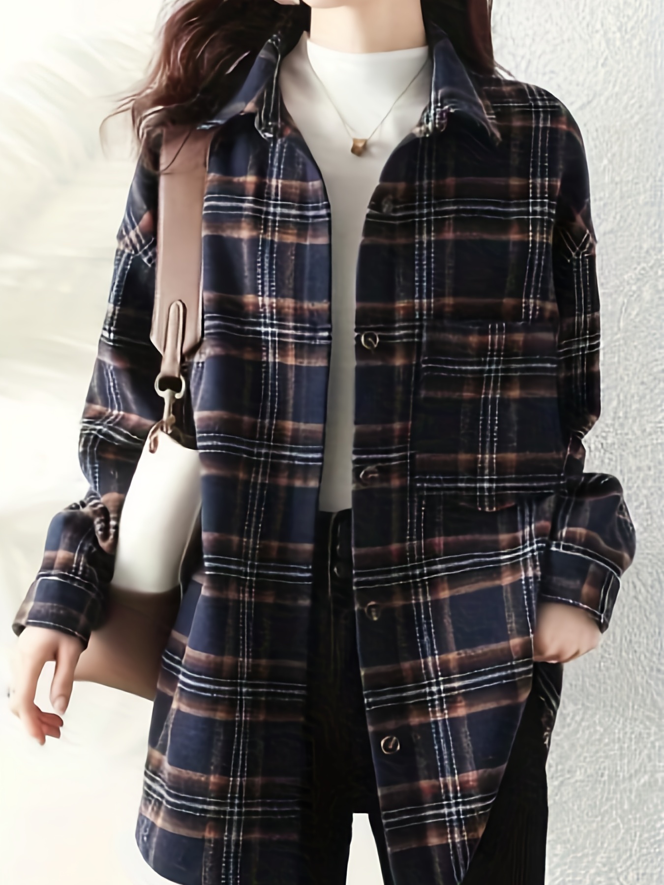 plaid print button front shirt elegant long sleeve lapel shirt womens clothing details 8