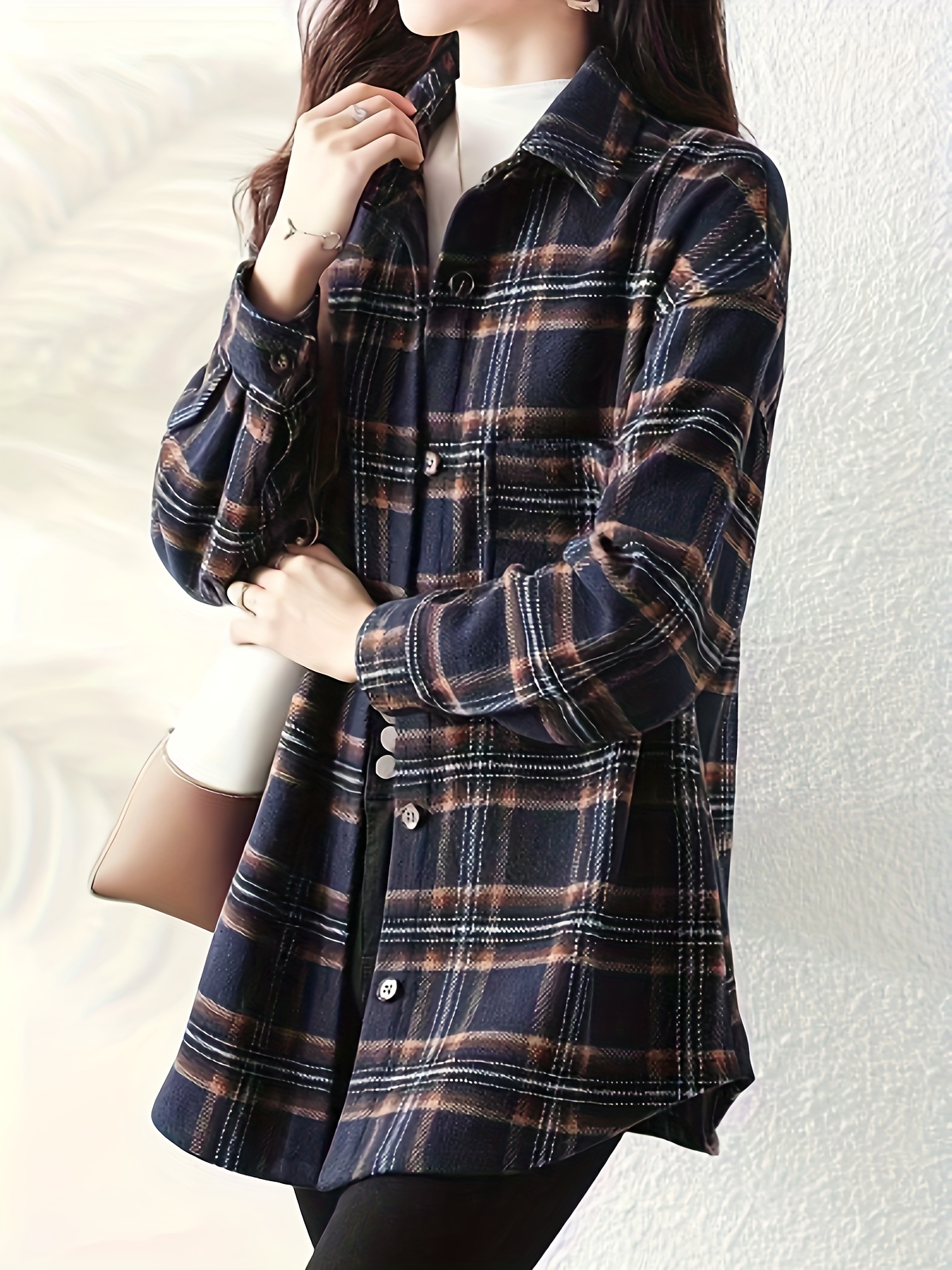 plaid print button front shirt elegant long sleeve lapel shirt womens clothing details 9