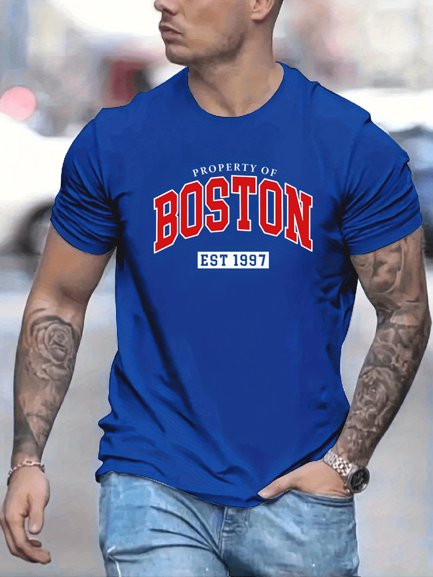 mens boston graphic short sleeve t shirt comfy stretchy trendy tees for summer casual daily style fashion clothing details 0