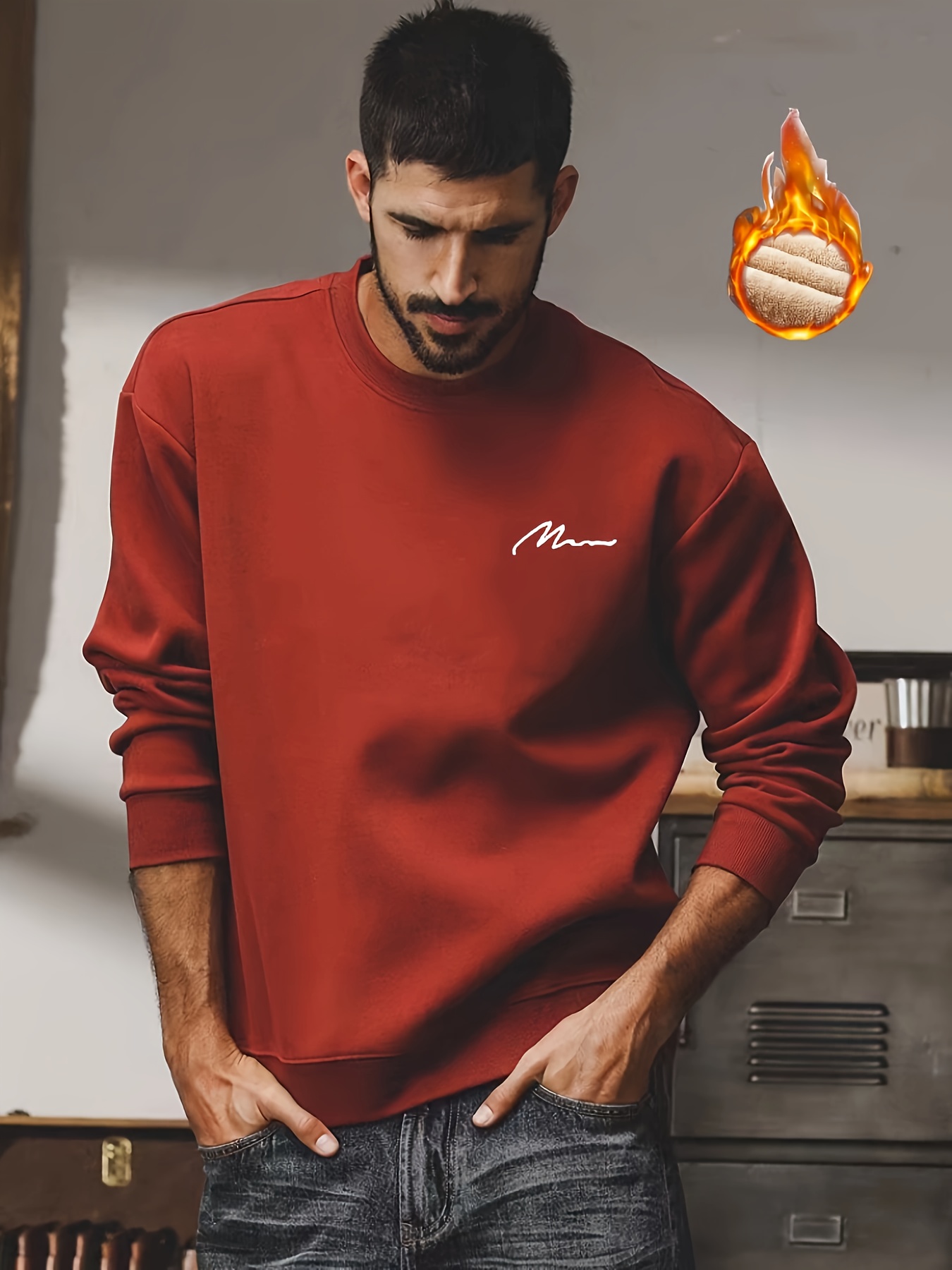 fleece lined trendy sweatshirt mens casual warm crew neck sweatshirt for men fall winter details 2