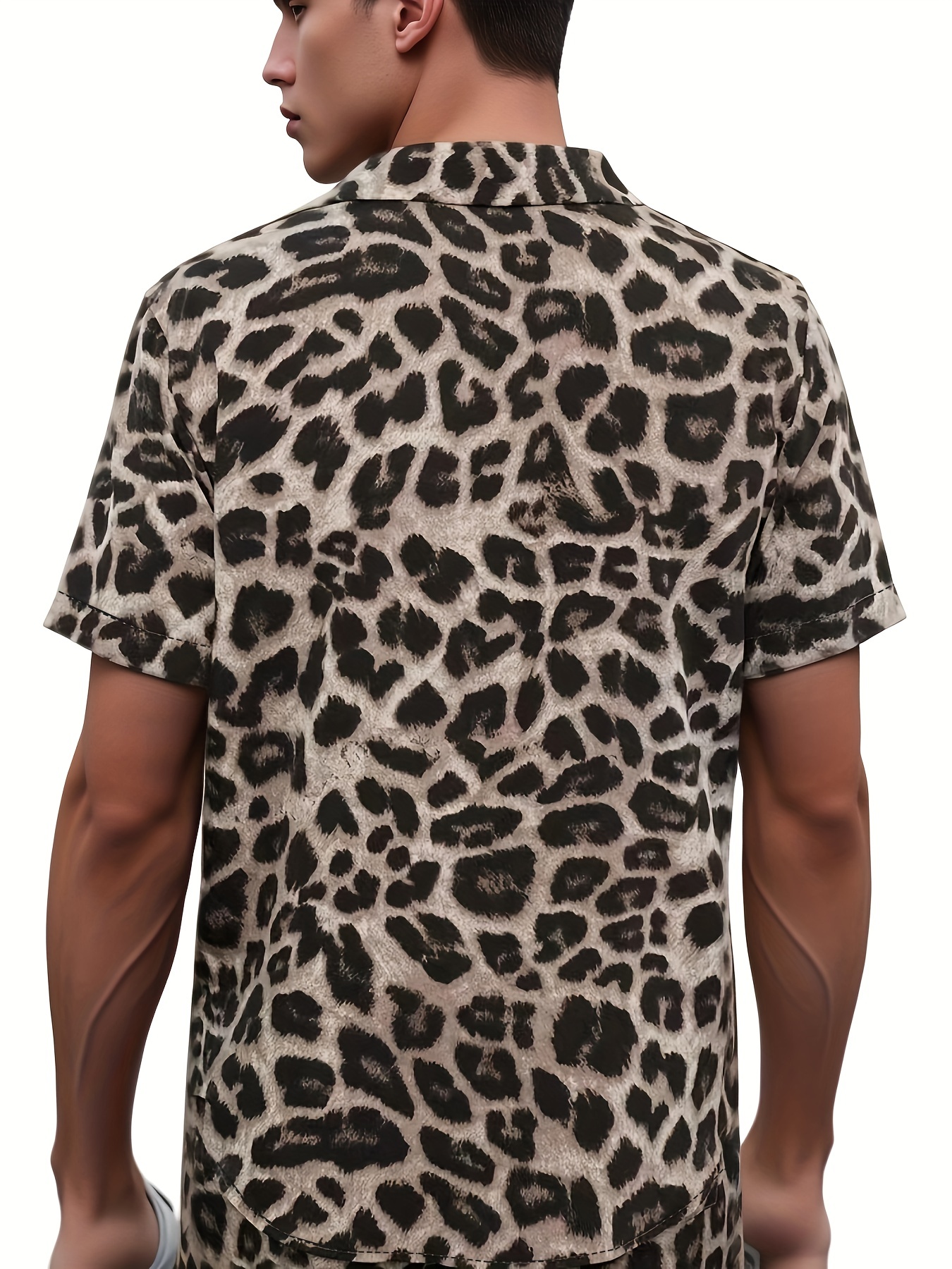 leopard pattern print mens 2pcs outfits casual camp collar lapel button up short sleeve shirts hawaii shirt and drawstring shorts set for summer mens clothing streetwear loungewear details 0