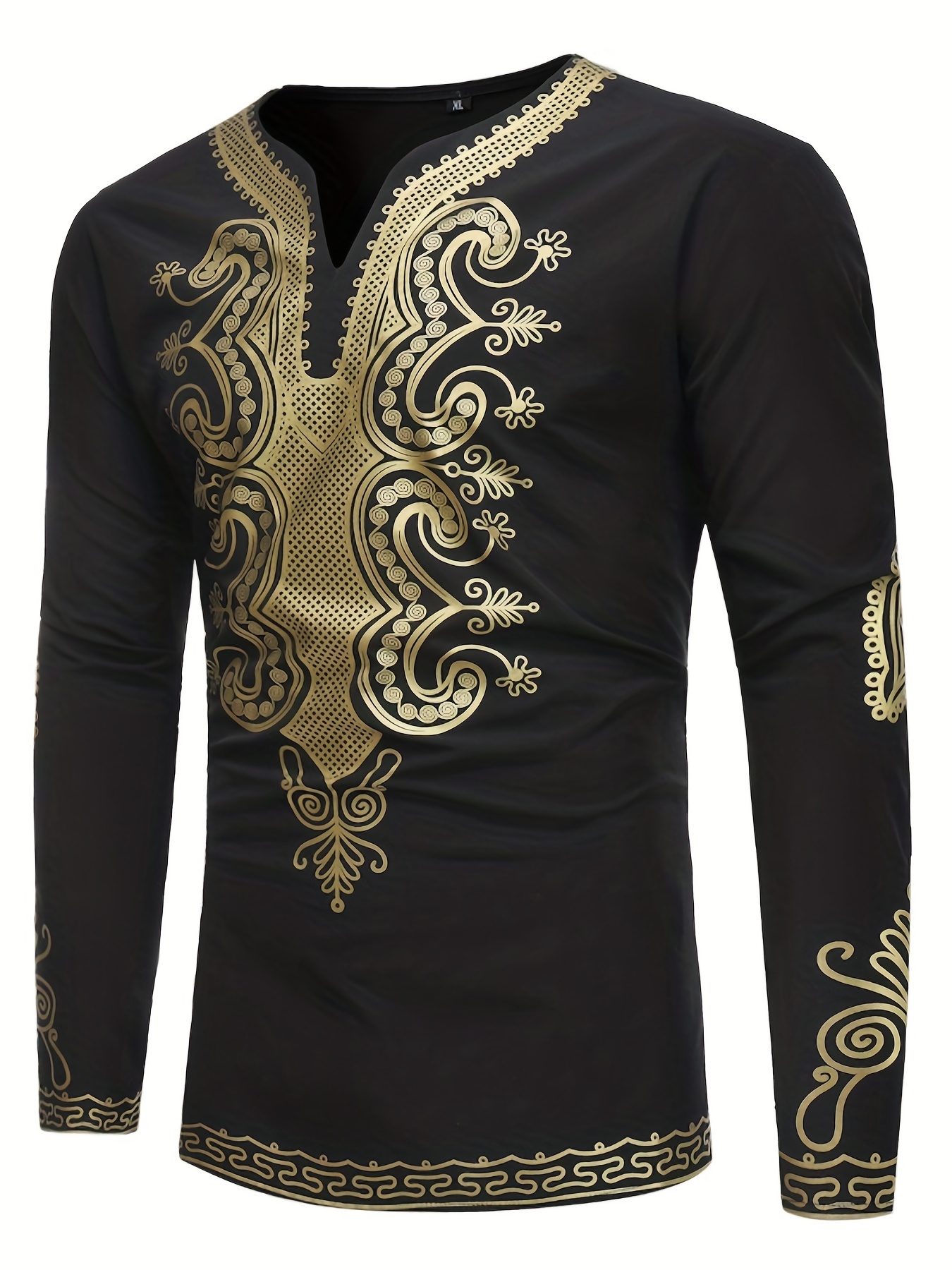 mens african traditional luxury pattern print v neck long sleeve dashiki shirt with pocket details 1