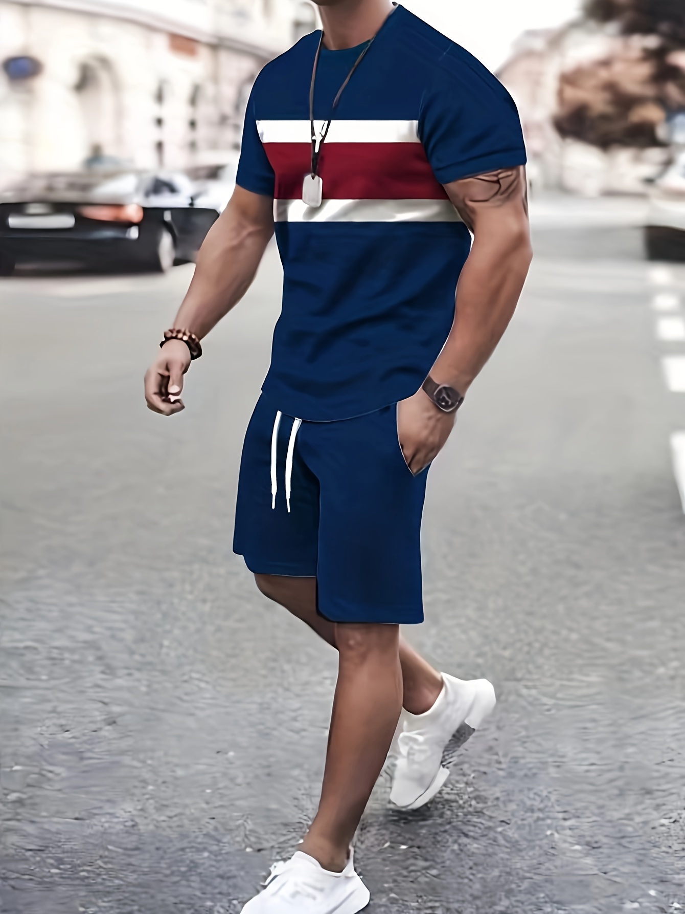 color block print mens 2pcs outfits casual crew neck short sleeve t shirt and drawstring shorts set for summer mens clothing loungewear details 1