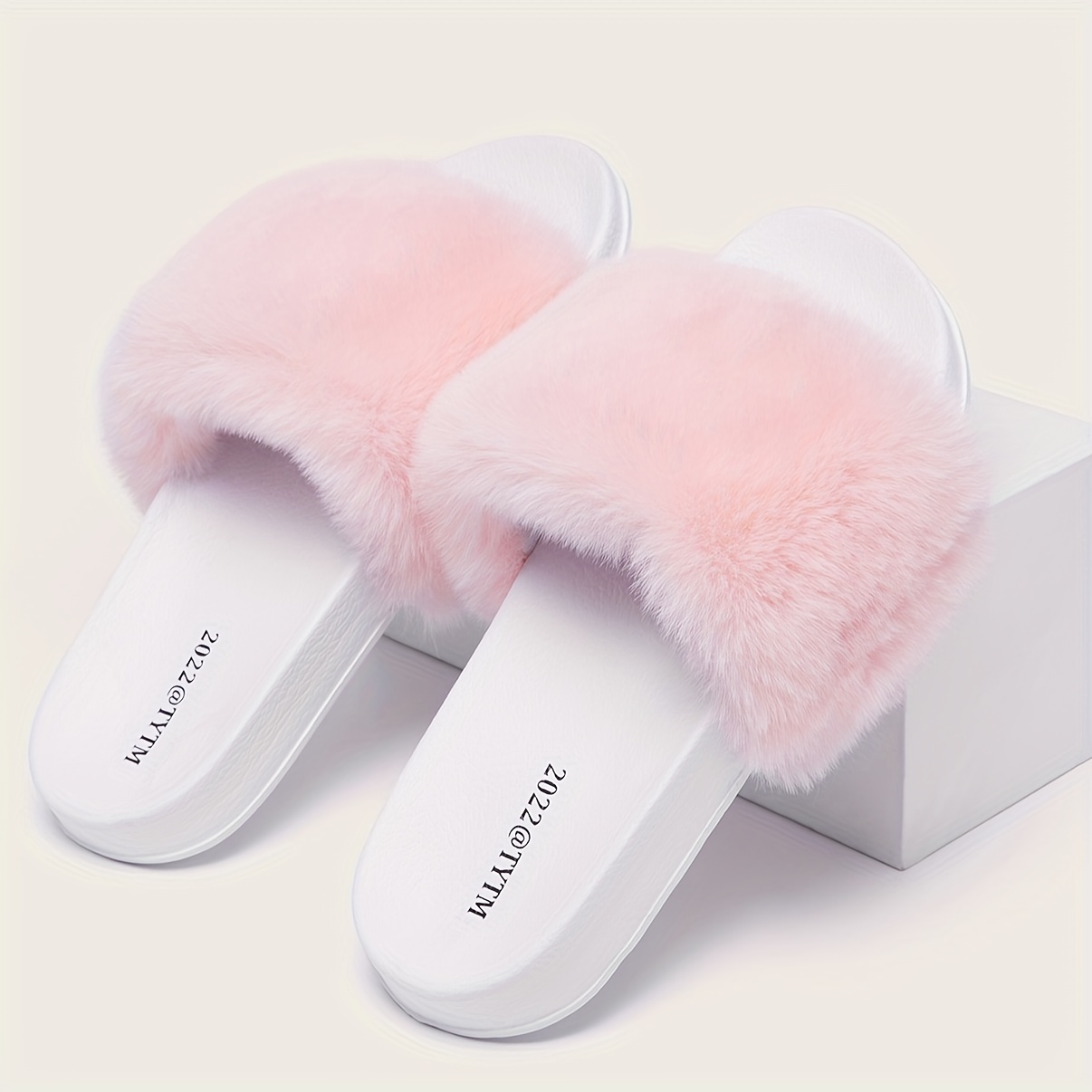 solid color faux fur pattern slippers fluffy soft sole platform casual slides plush cozy indoor shoes details 6