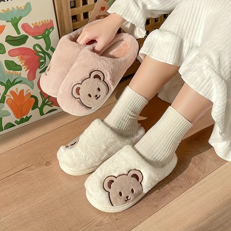 womens cute bear pattern slippers cozy fluffy closed toe warm flat shoes kawaii bedroom plush slippers details 1