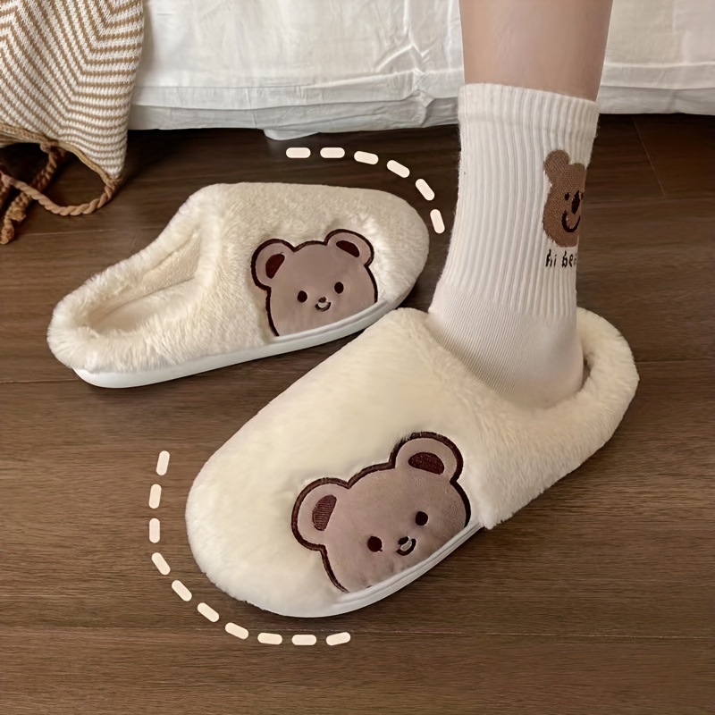 womens cute bear pattern slippers cozy fluffy closed toe warm flat shoes kawaii bedroom plush slippers details 6