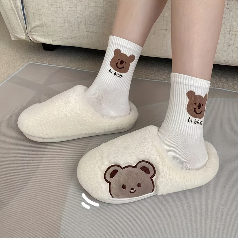 womens cute bear pattern slippers cozy fluffy closed toe warm flat shoes kawaii bedroom plush slippers details 7