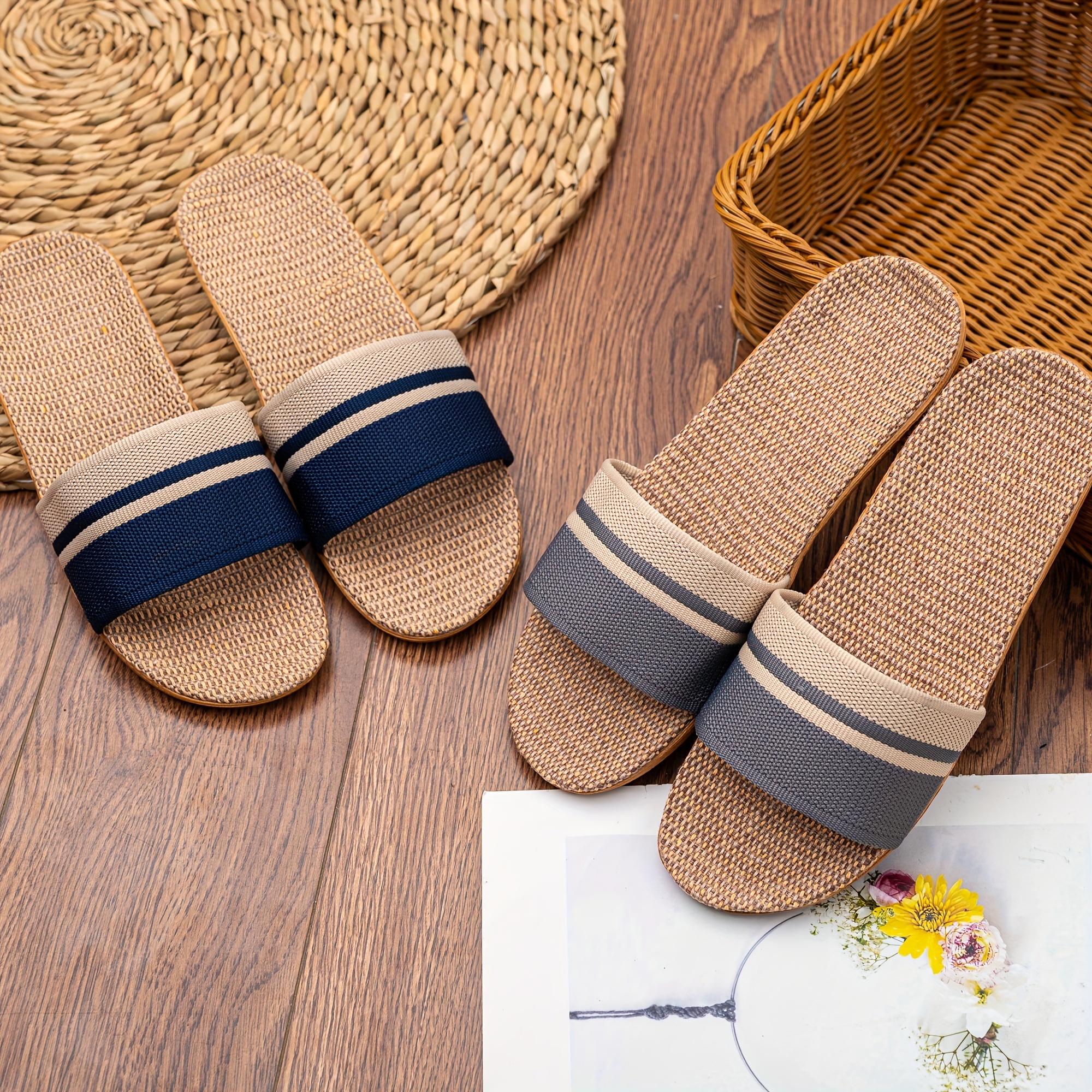 striped pattern slides casual open toe flat summer shoes comfortable indoor home slides details 0