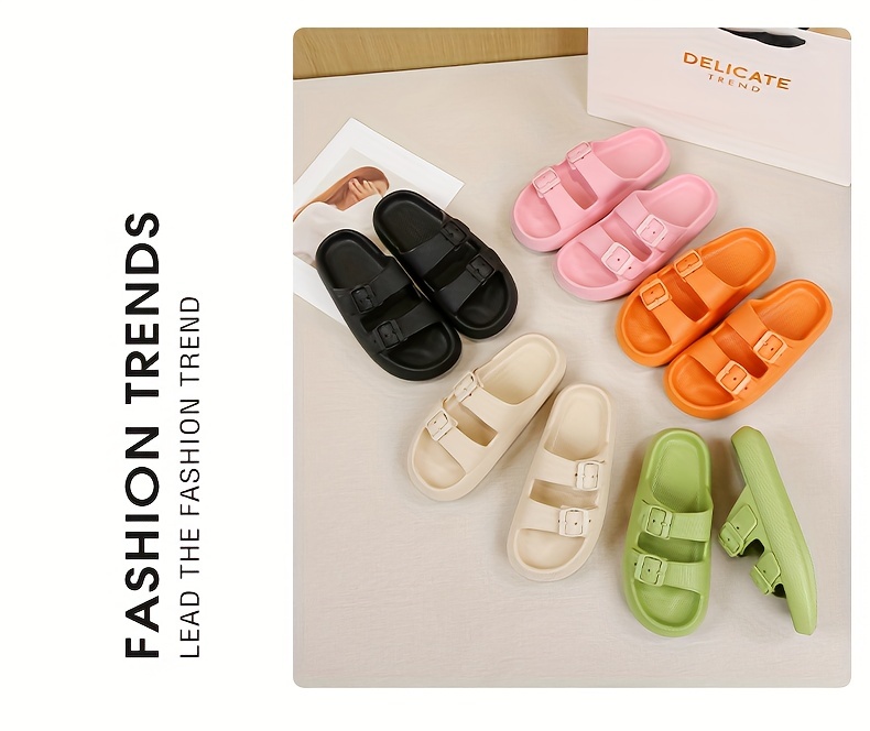 womens solid color sandals slip on open toe double buckle straps super soft non slip slides summer versatile comfy shoes details 4